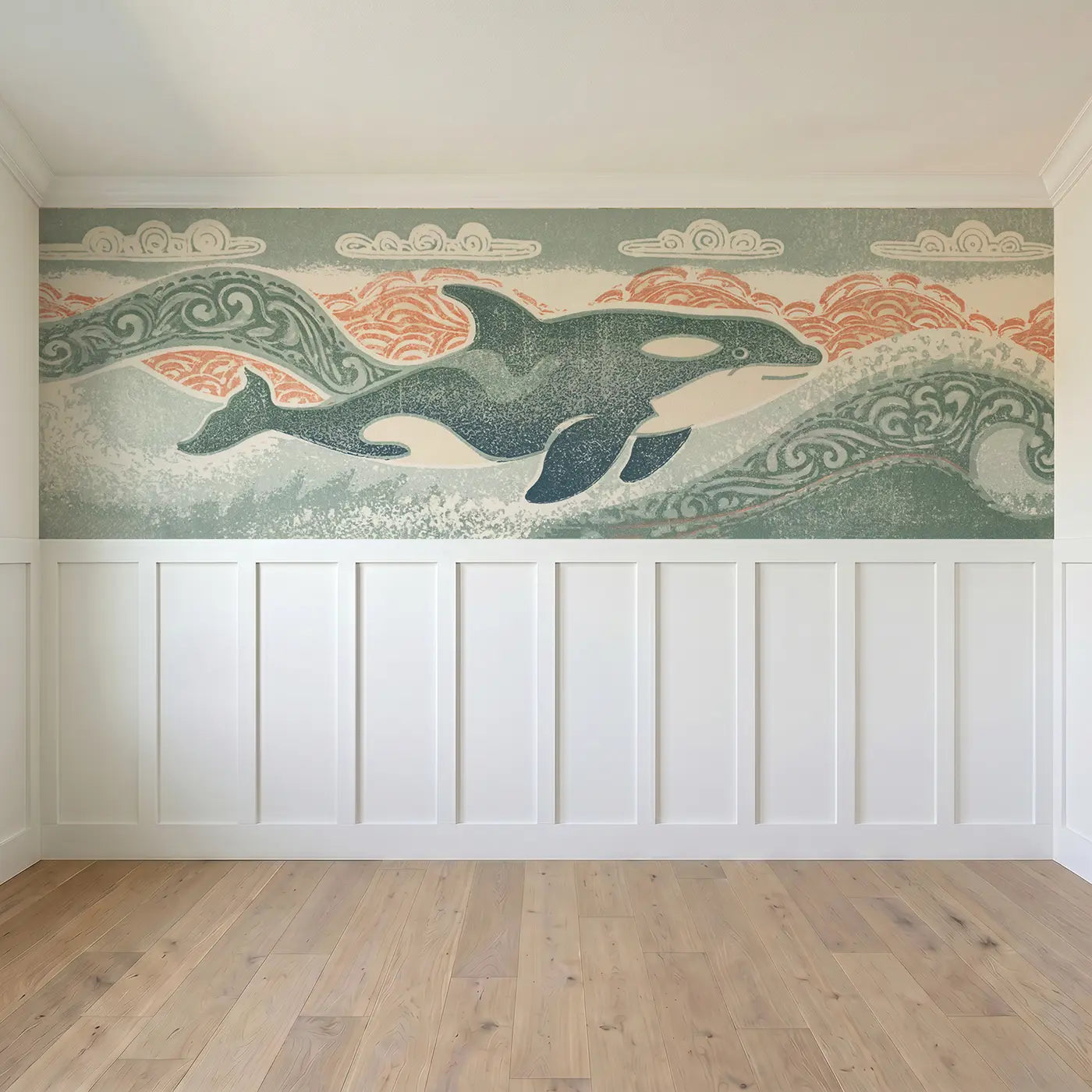 Full panel view of Linocut Orca Wave Carved Wainscoting Wallpaper by Whimsy Tots