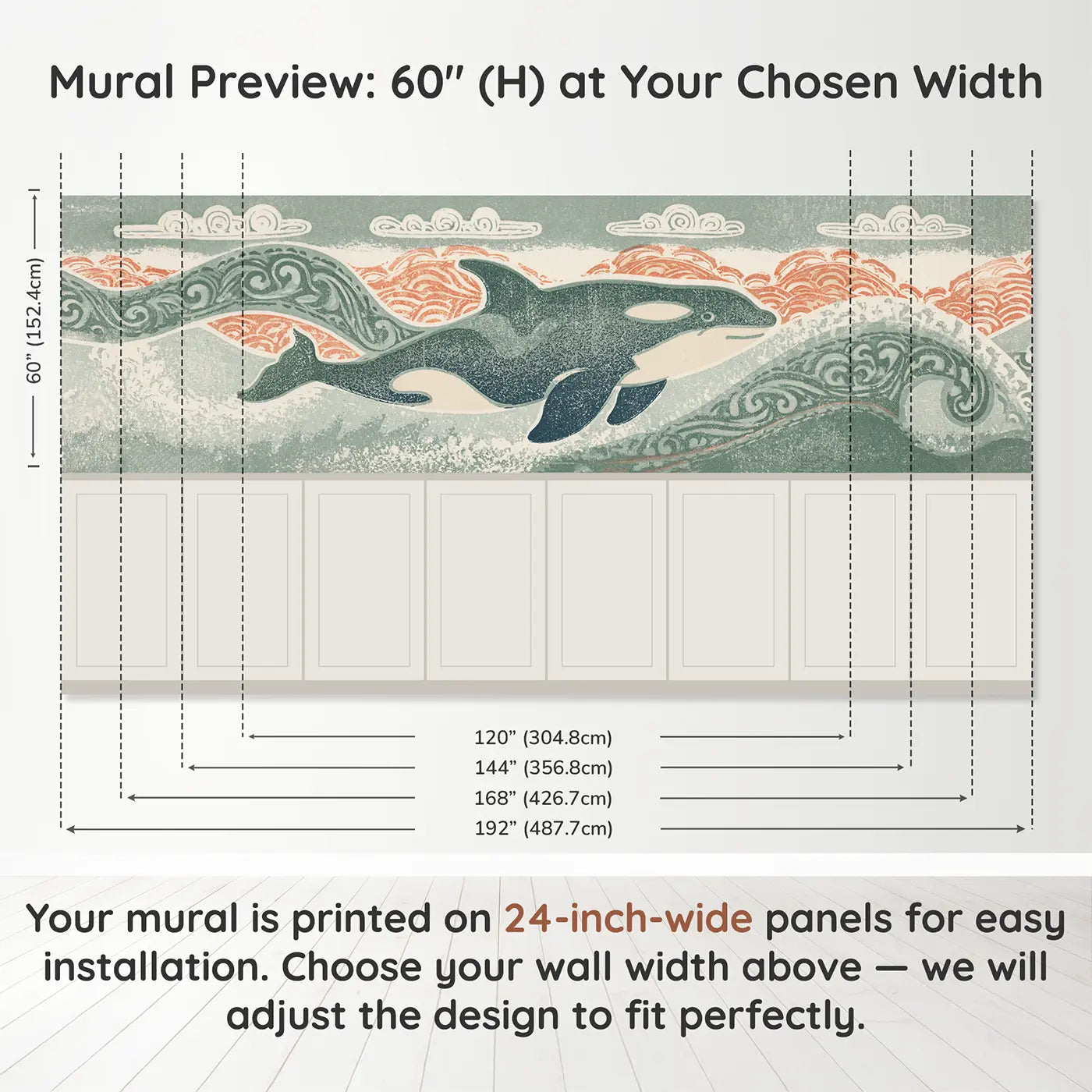 Panel dimensions for Linocut Orca Wave Carved Wainscoting Wallpaper by Whimsy Tots