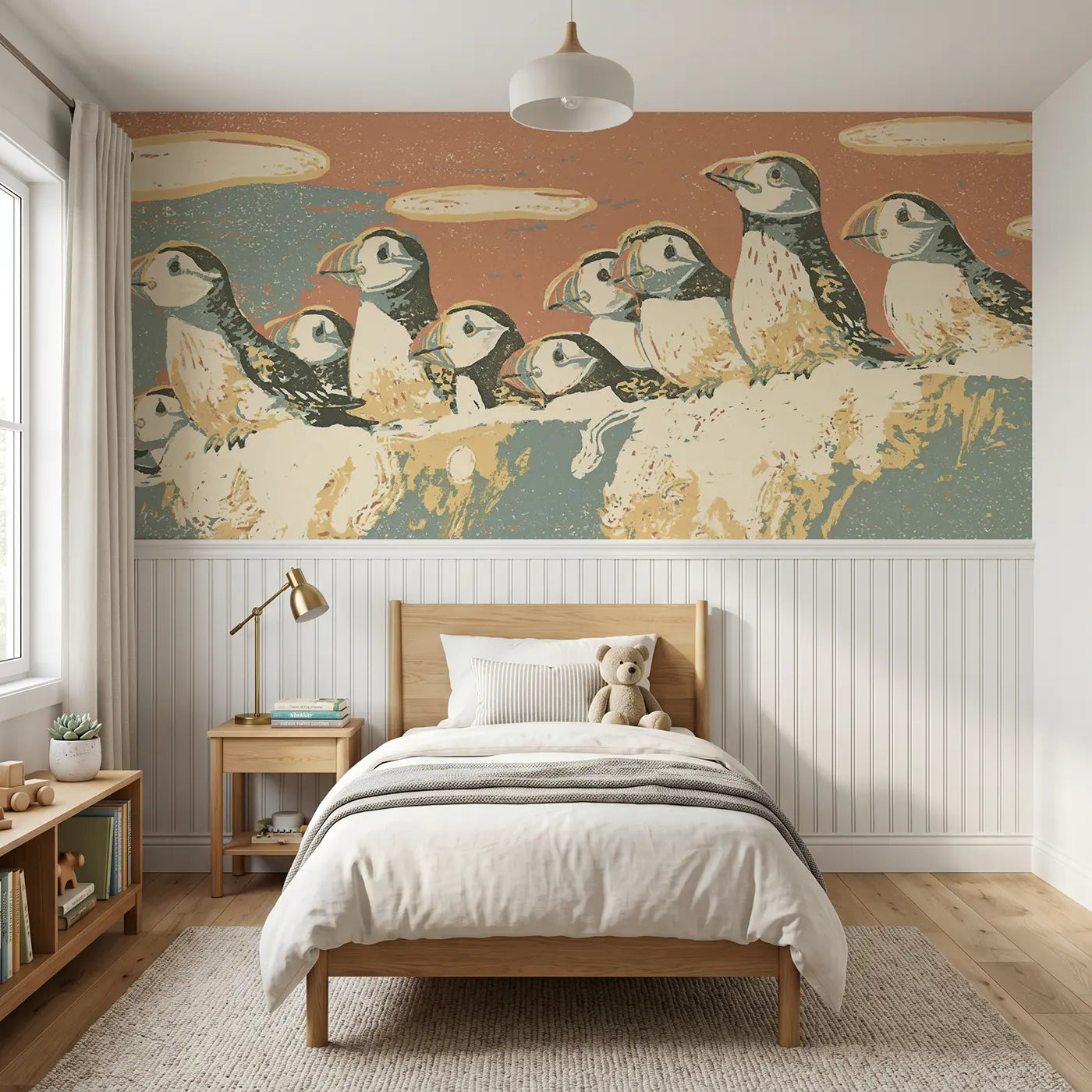 Block Print puffin colony folk wainscoting wallpaper for bedroom by Whimsy Tots.