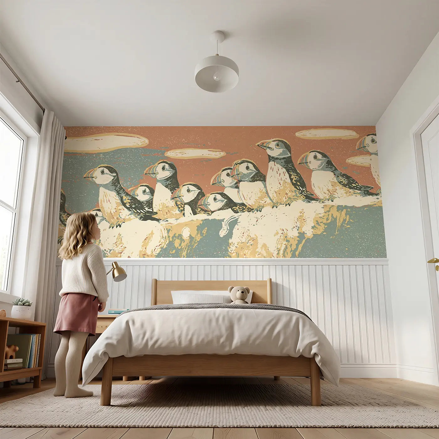 Child reading near Carved Puffin Colony Folk Wainscoting Wallpaper by Whimsy Tots