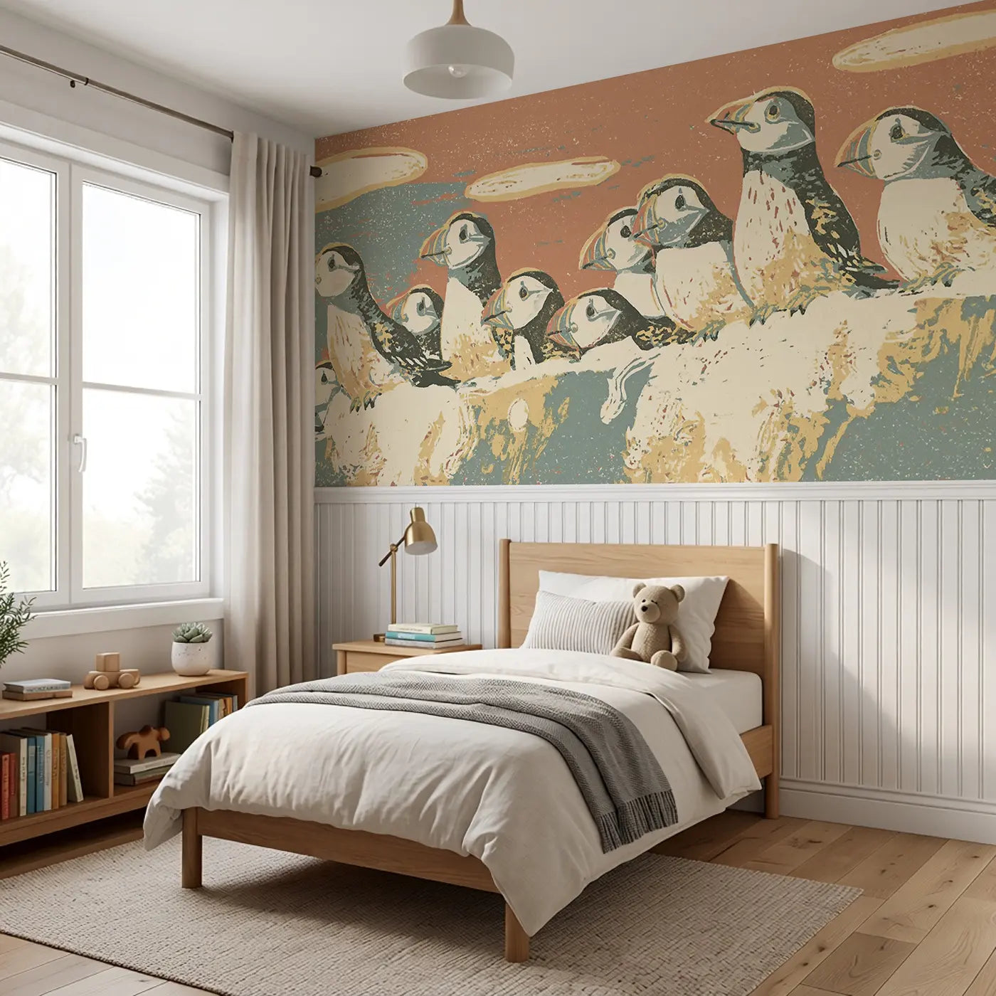 Carved Puffin Colony Folk Wainscoting Wallpaper styled in a kids bedroom by Whimsy Tots