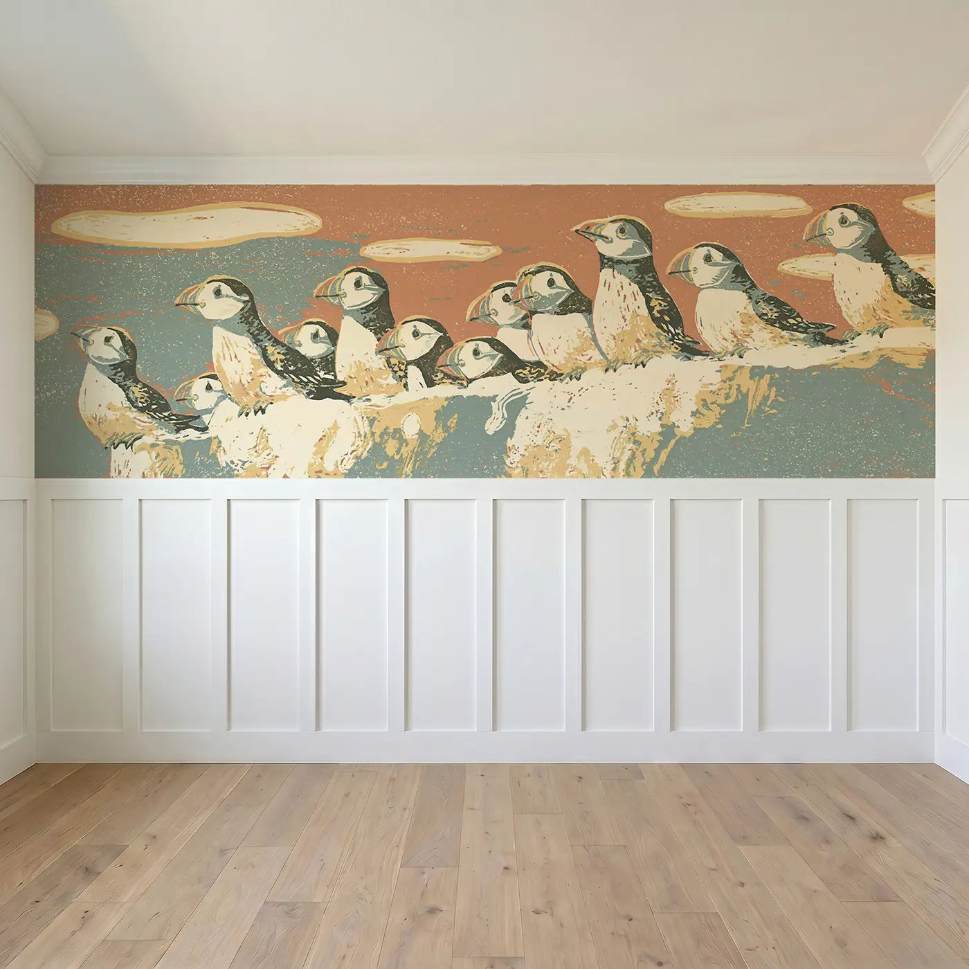 Full panel view of Carved Puffin Colony Folk Wainscoting Wallpaper by Whimsy Tots