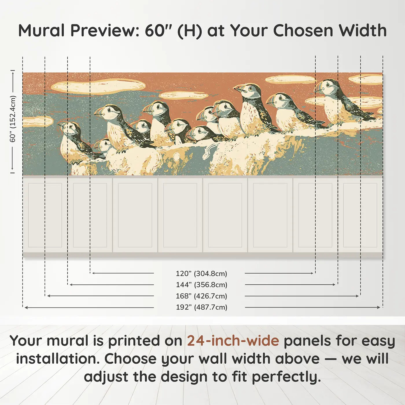 Panel dimensions for Carved Puffin Colony Folk Wainscoting Wallpaper by Whimsy Tots
