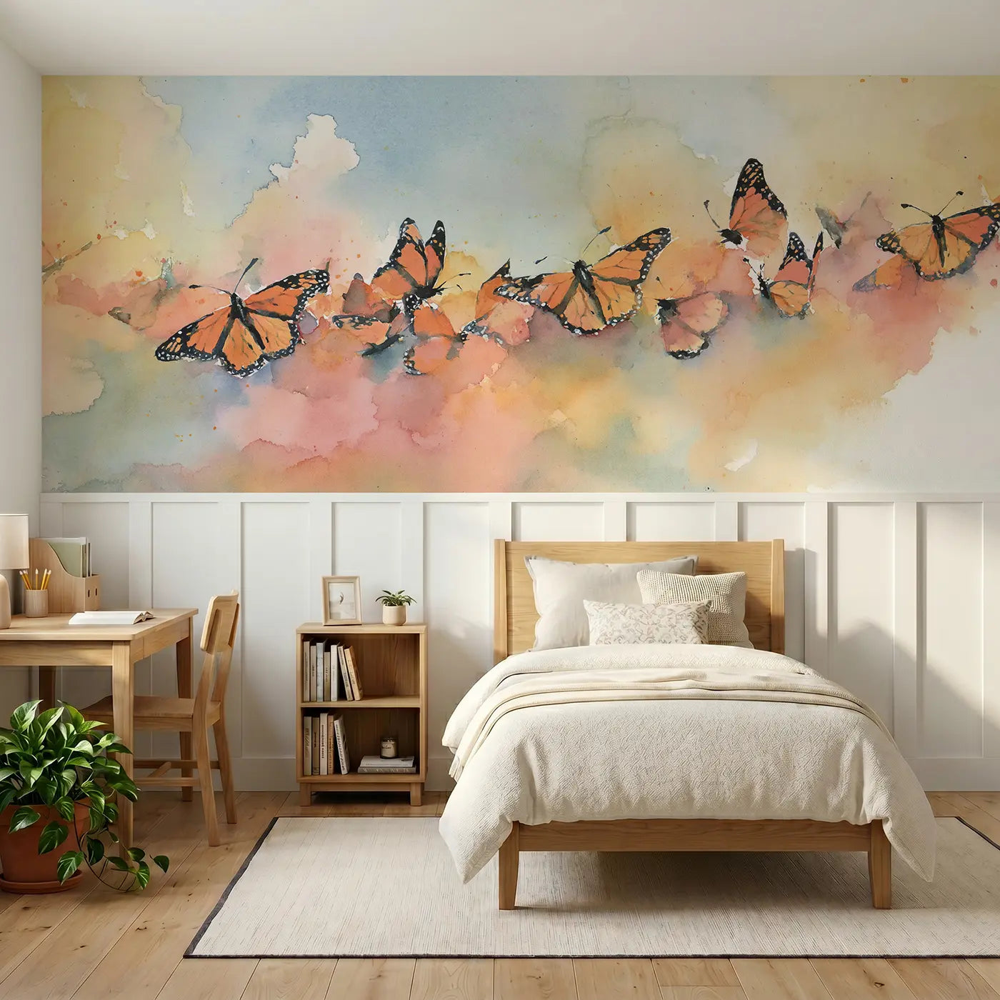 Watercolor monarch butterfly migration wainscoting wallpaper for bedroom by Whimsy Tots.