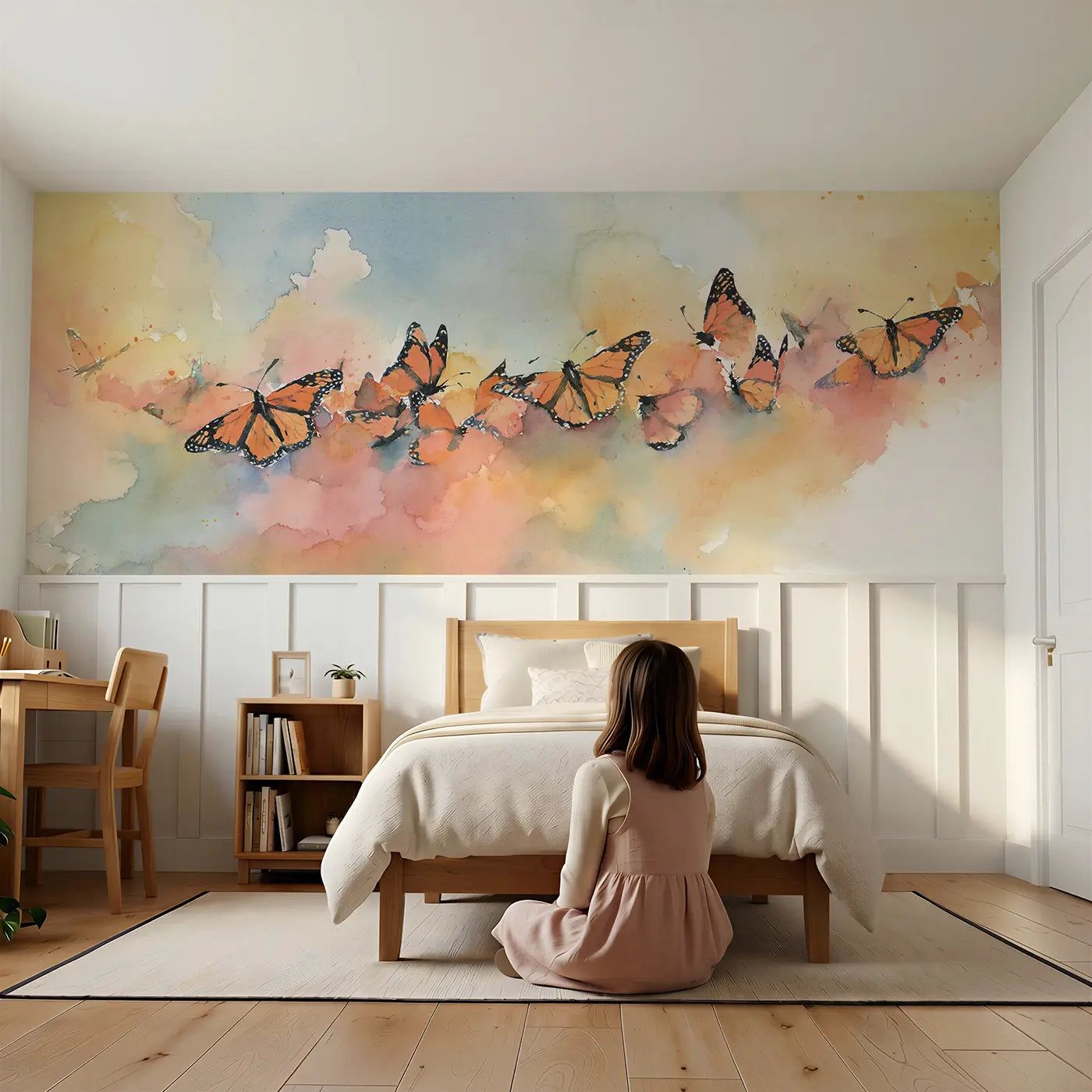 Child reading near Monarch Butterfly Migration Wainscoting Wallpaper by Whimsy Tots