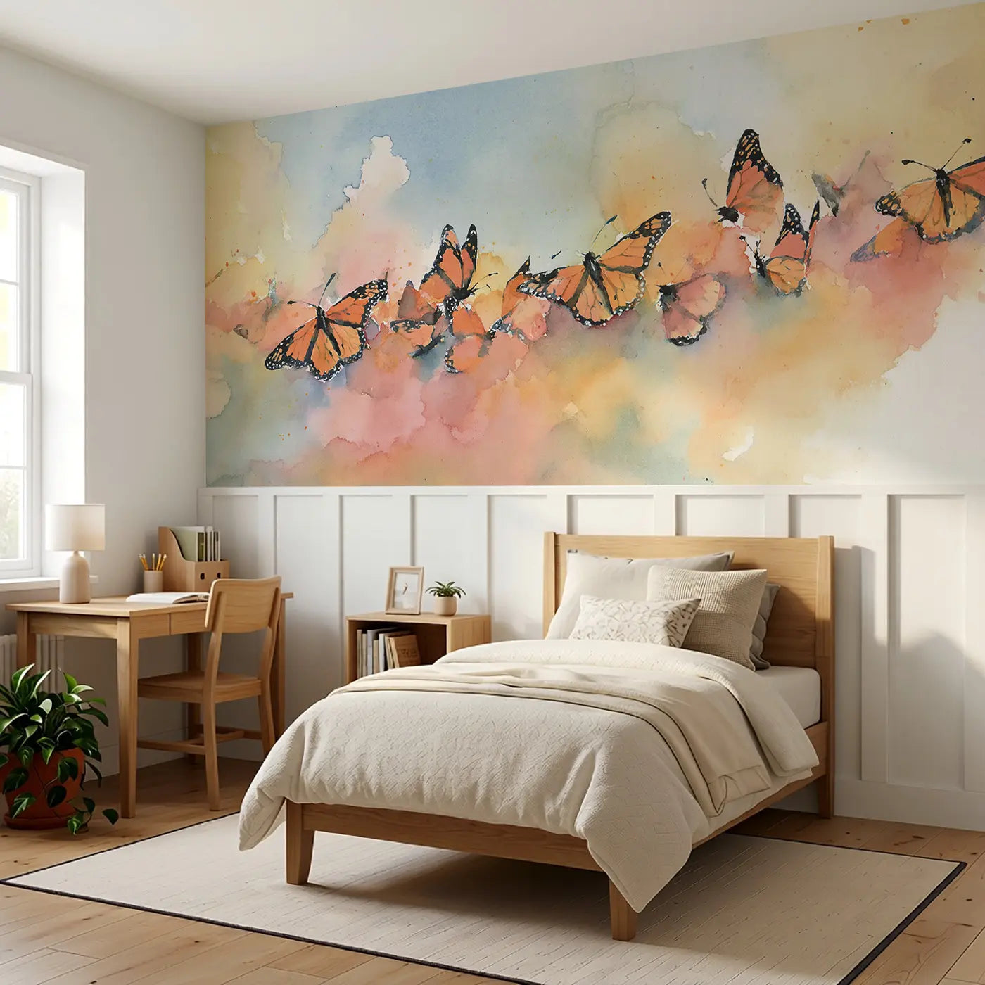 Monarch Butterfly Migration Wainscoting Wallpaper styled in a kids bedroom by Whimsy Tots