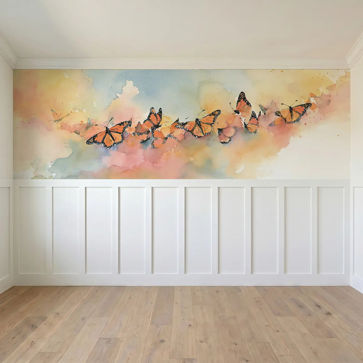 Full panel view of Monarch Butterfly Migration Wainscoting Wallpaper by Whimsy Tots