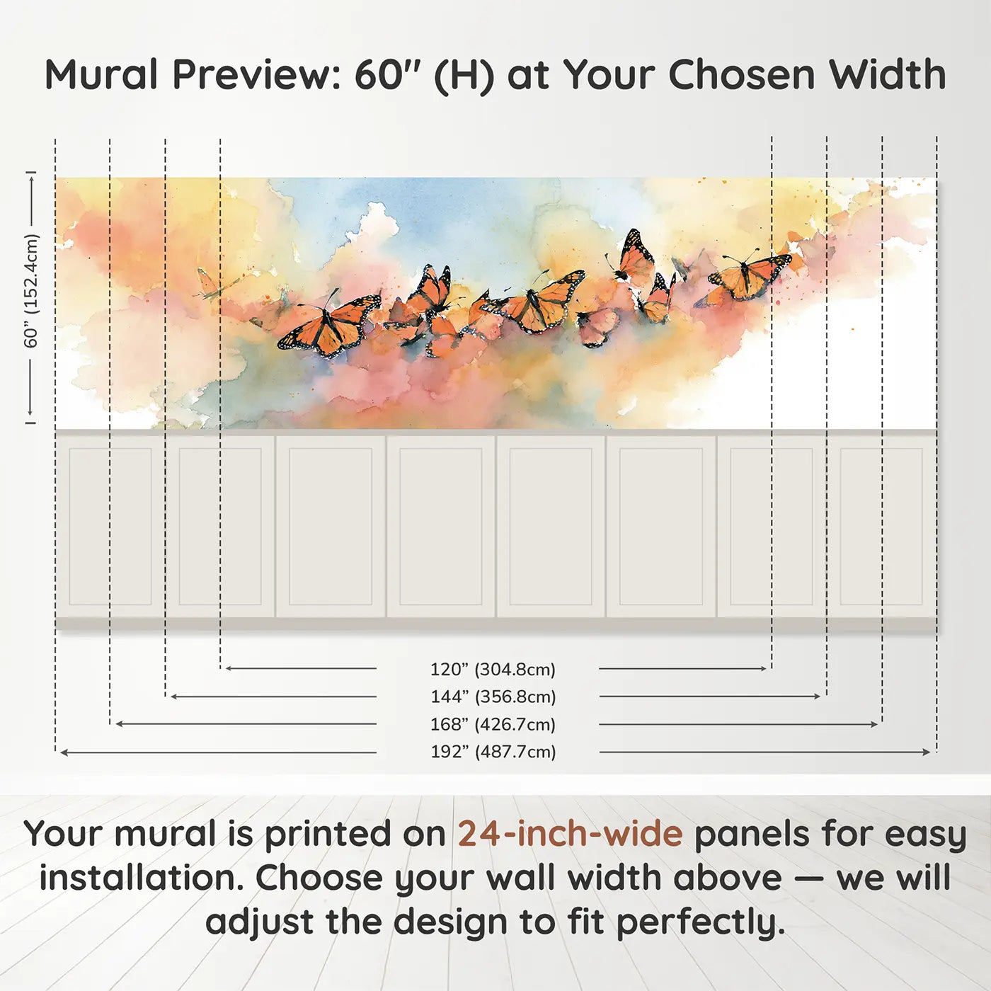 Panel dimensions for Monarch Butterfly Migration Wainscoting Wallpaper by Whimsy Tots