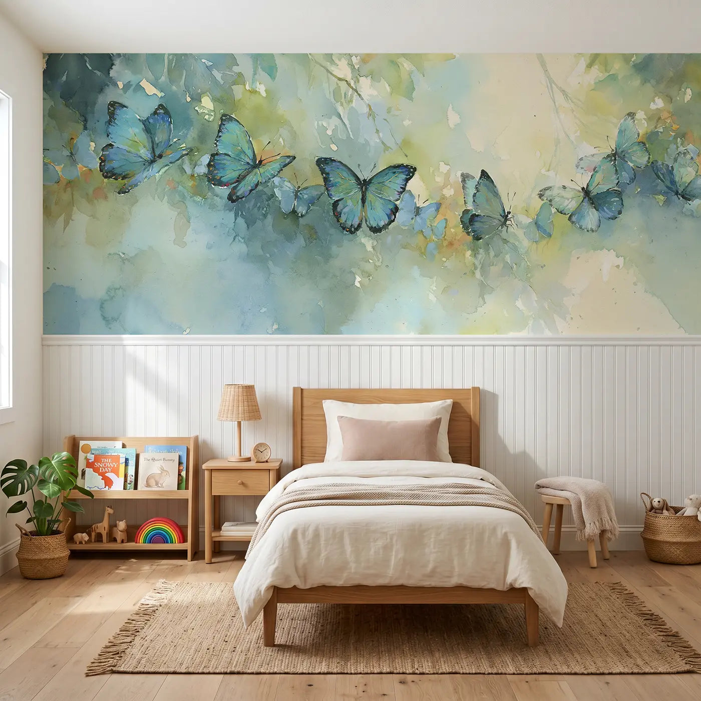 Watercolor blue morpho rainforest wainscoting wallpaper for bedroom by Whimsy Tots.