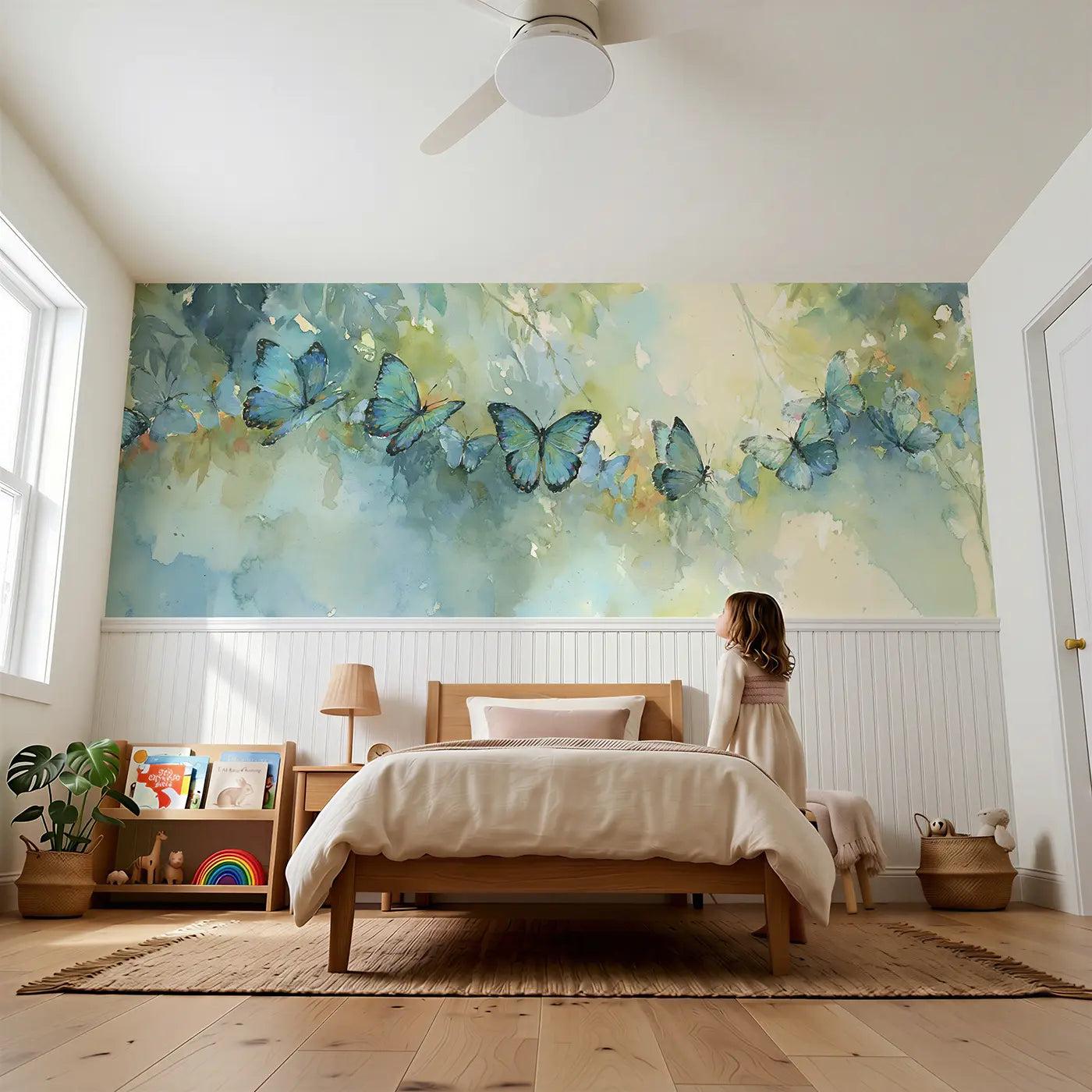 Child reading near Blue Morpho Rainforest Wainscoting Wallpaper by Whimsy Tots