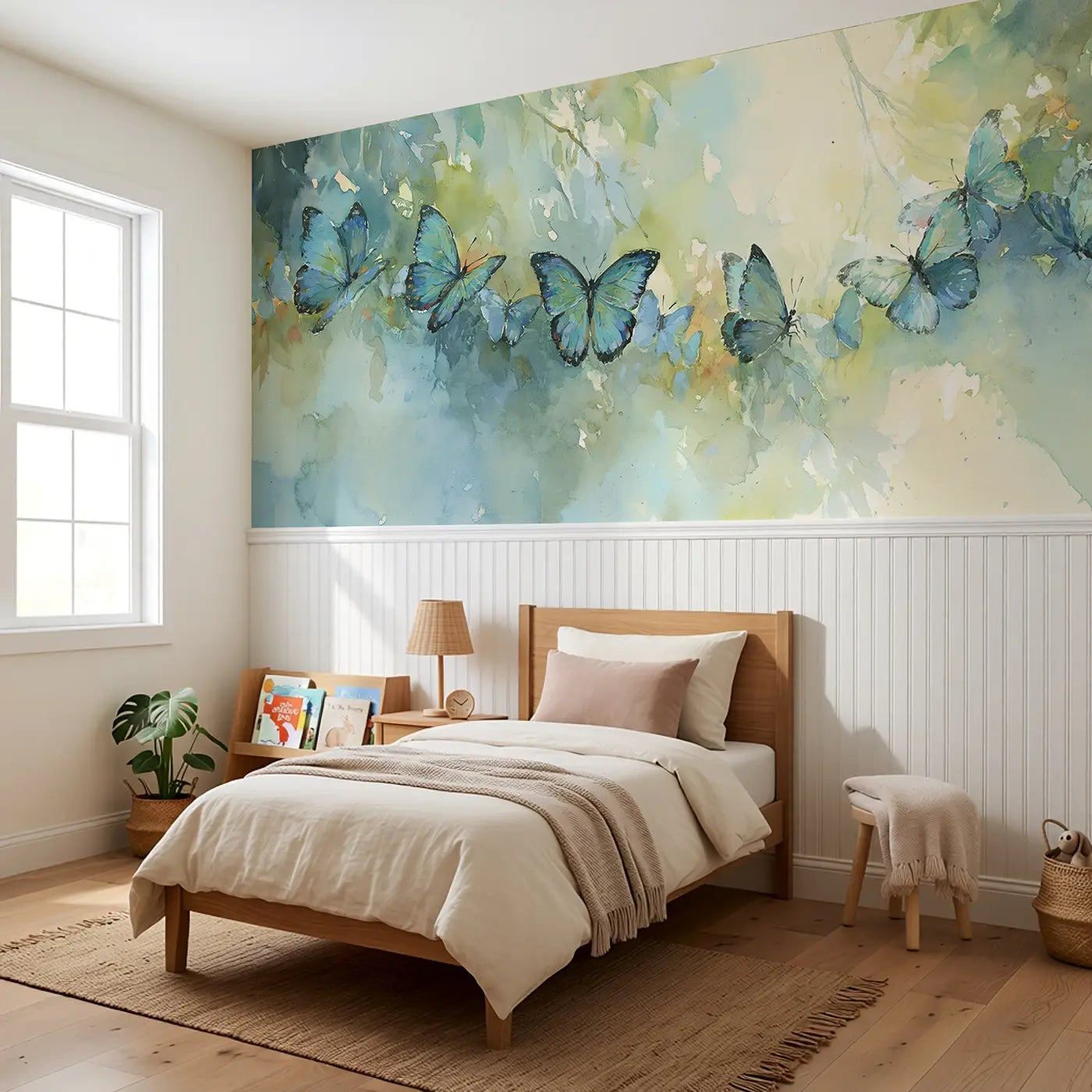 Blue Morpho Rainforest Wainscoting Wallpaper styled in a kids bedroom by Whimsy Tots