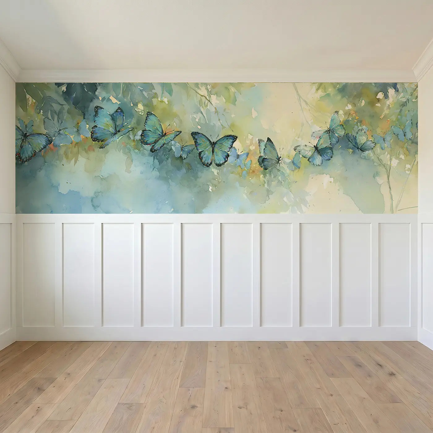 Full panel view of Blue Morpho Rainforest Wainscoting Wallpaper by Whimsy Tots