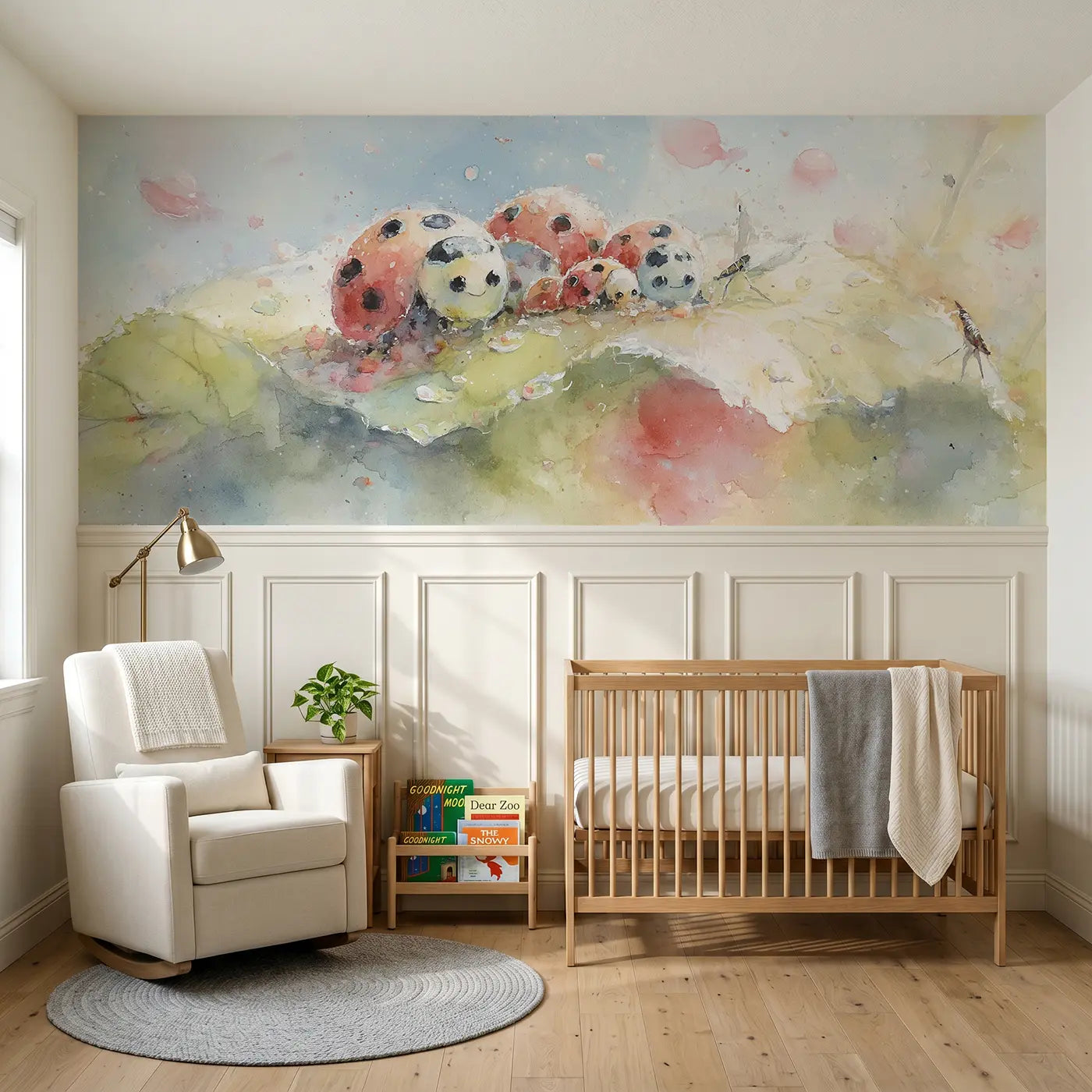 Watercolor ladybug family leaf home wainscoting wallpaper for nursery by Whimsy Tots.