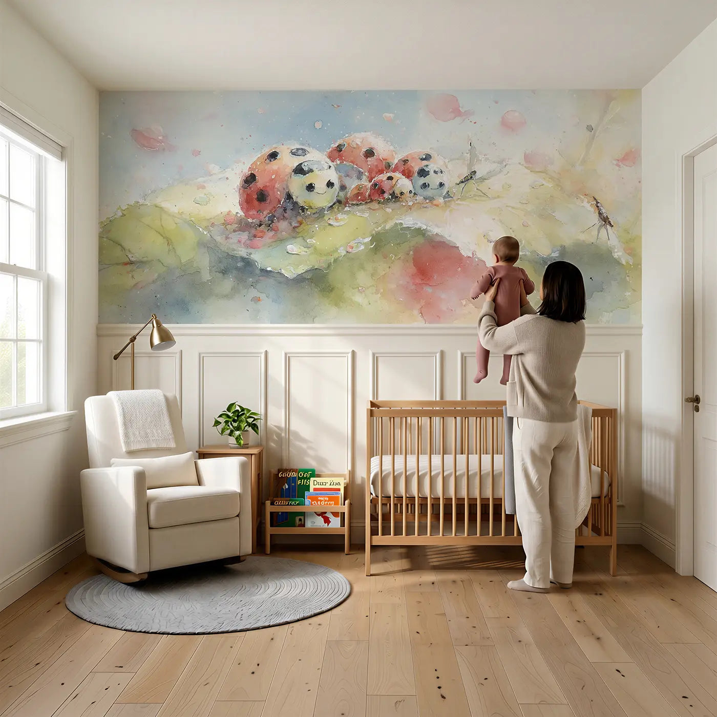 Child reading near Ladybug Family Leaf Home Wainscoting Wallpaper by Whimsy Tots