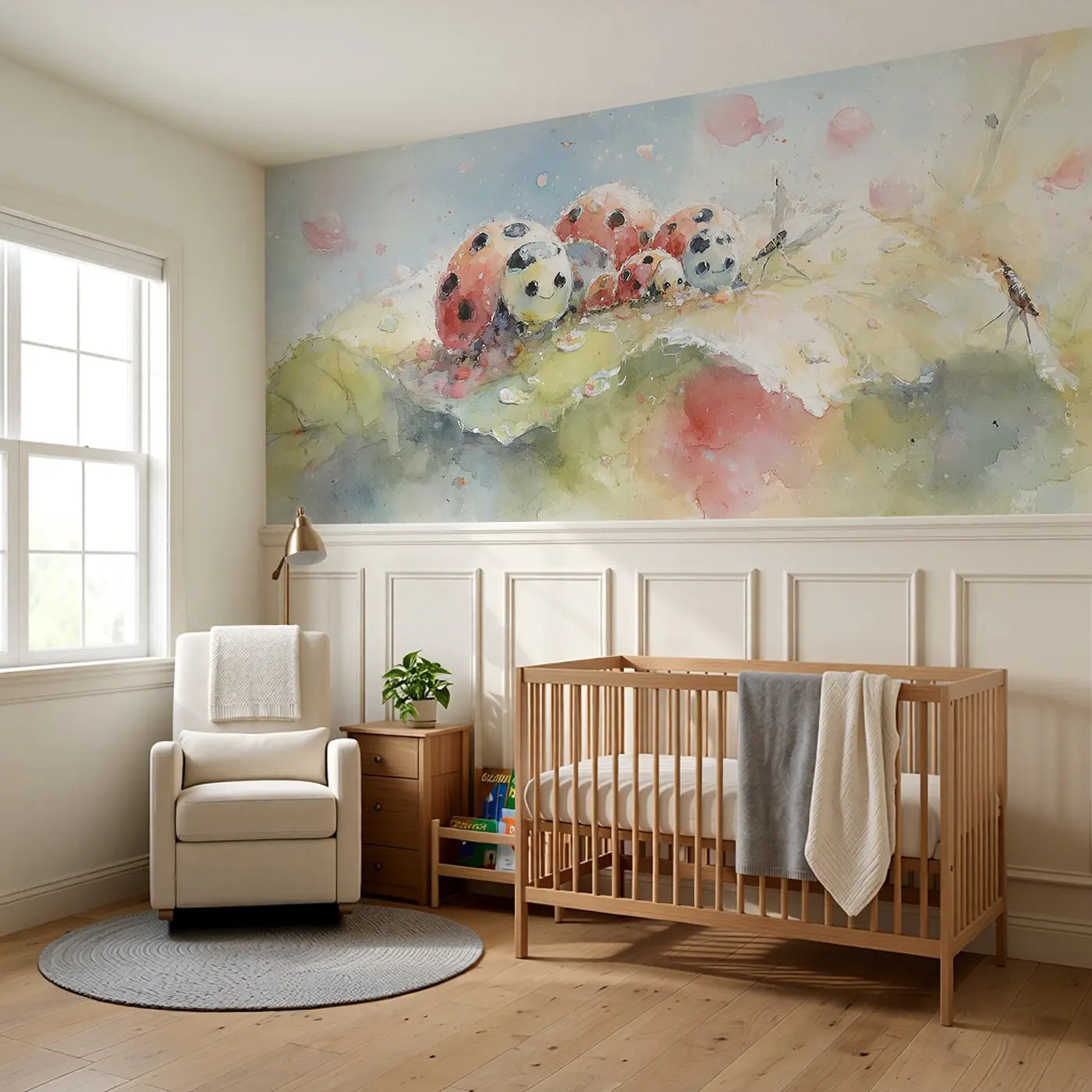 Ladybug Family Leaf Home Wainscoting Wallpaper styled in a kids bedroom by Whimsy Tots