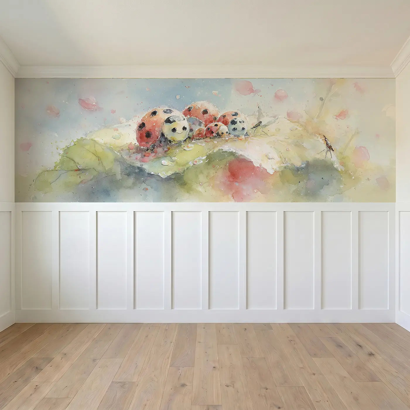 Full panel view of Ladybug Family Leaf Home Wainscoting Wallpaper by Whimsy Tots