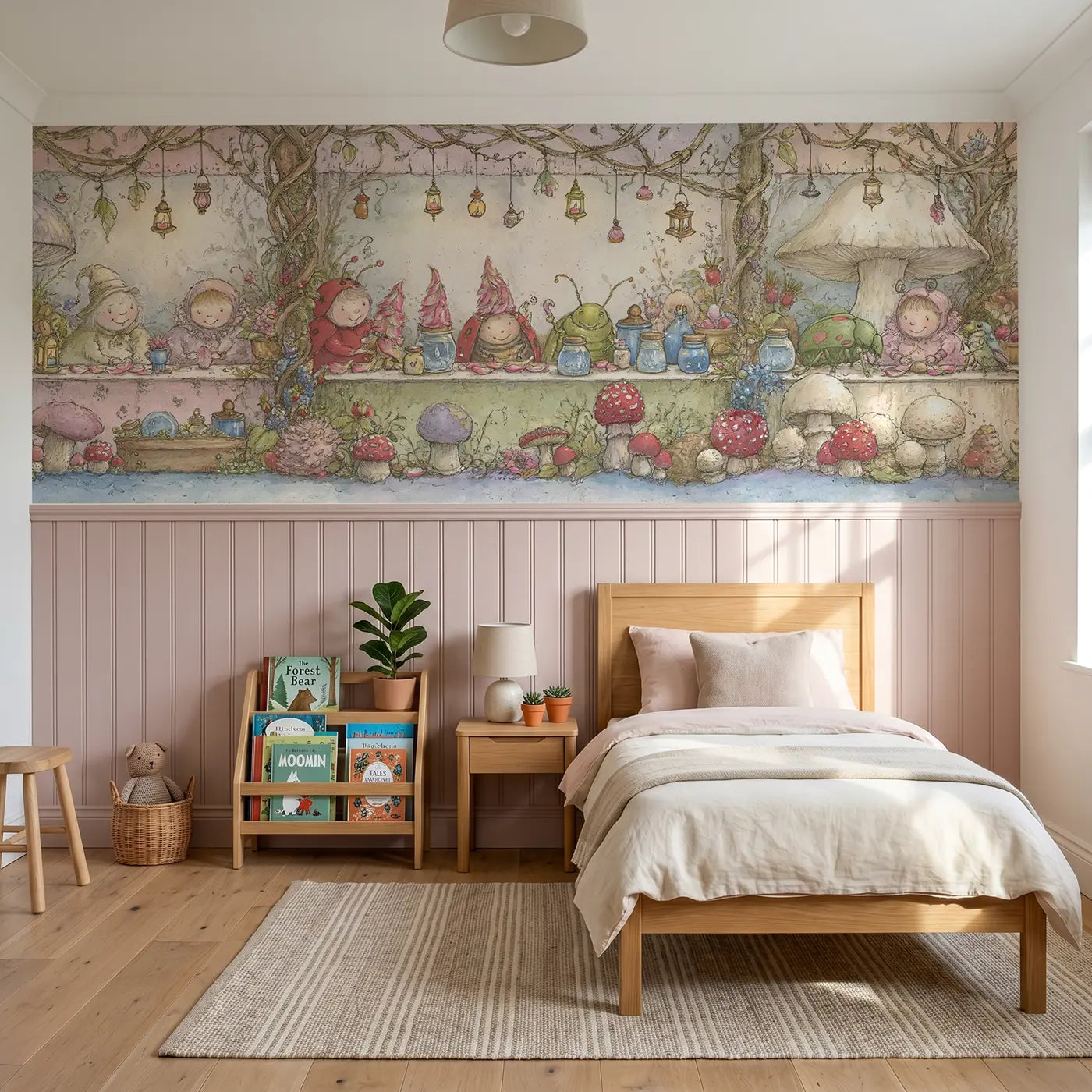 Storybook bug market tiny shop wainscoting wallpaper for bedroom by Whimsy Tots.