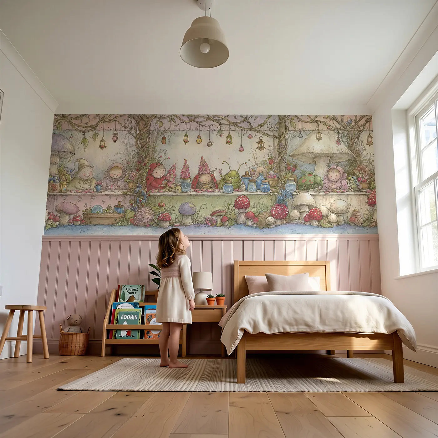 Child reading near Bug Market Tiny Shop Wainscoting Wallpaper by Whimsy Tots