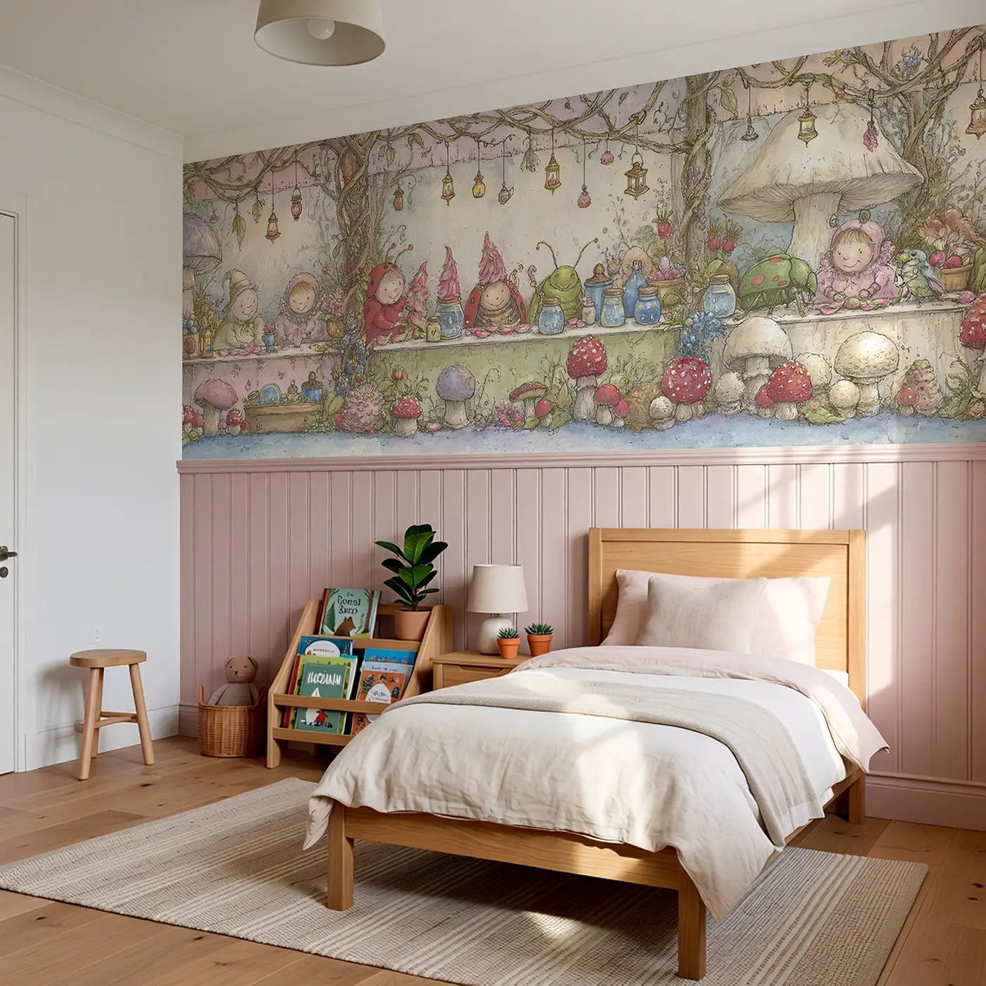 Bug Market Tiny Shop Wainscoting Wallpaper styled in a kids bedroom by Whimsy Tots