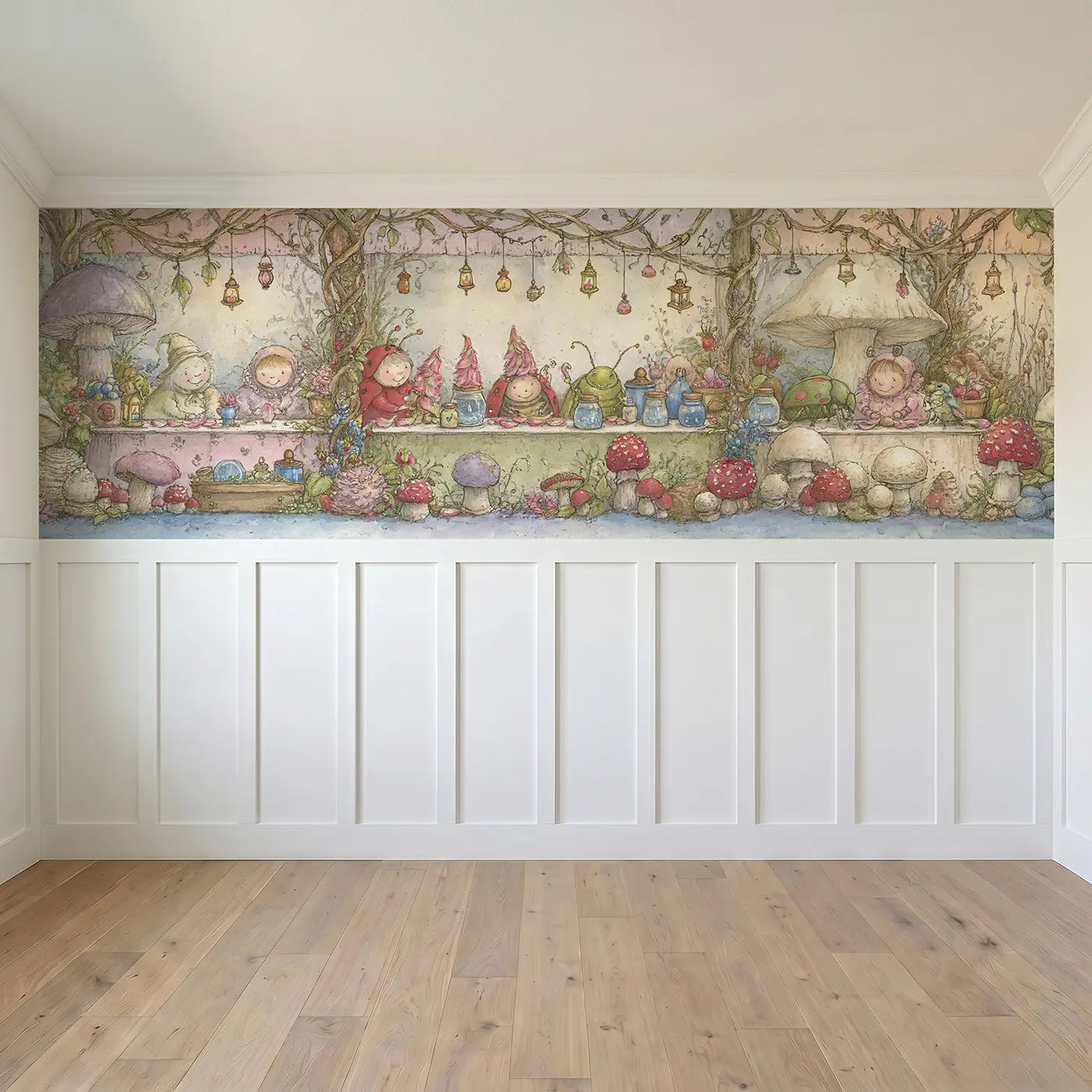Full panel view of Bug Market Tiny Shop Wainscoting Wallpaper by Whimsy Tots