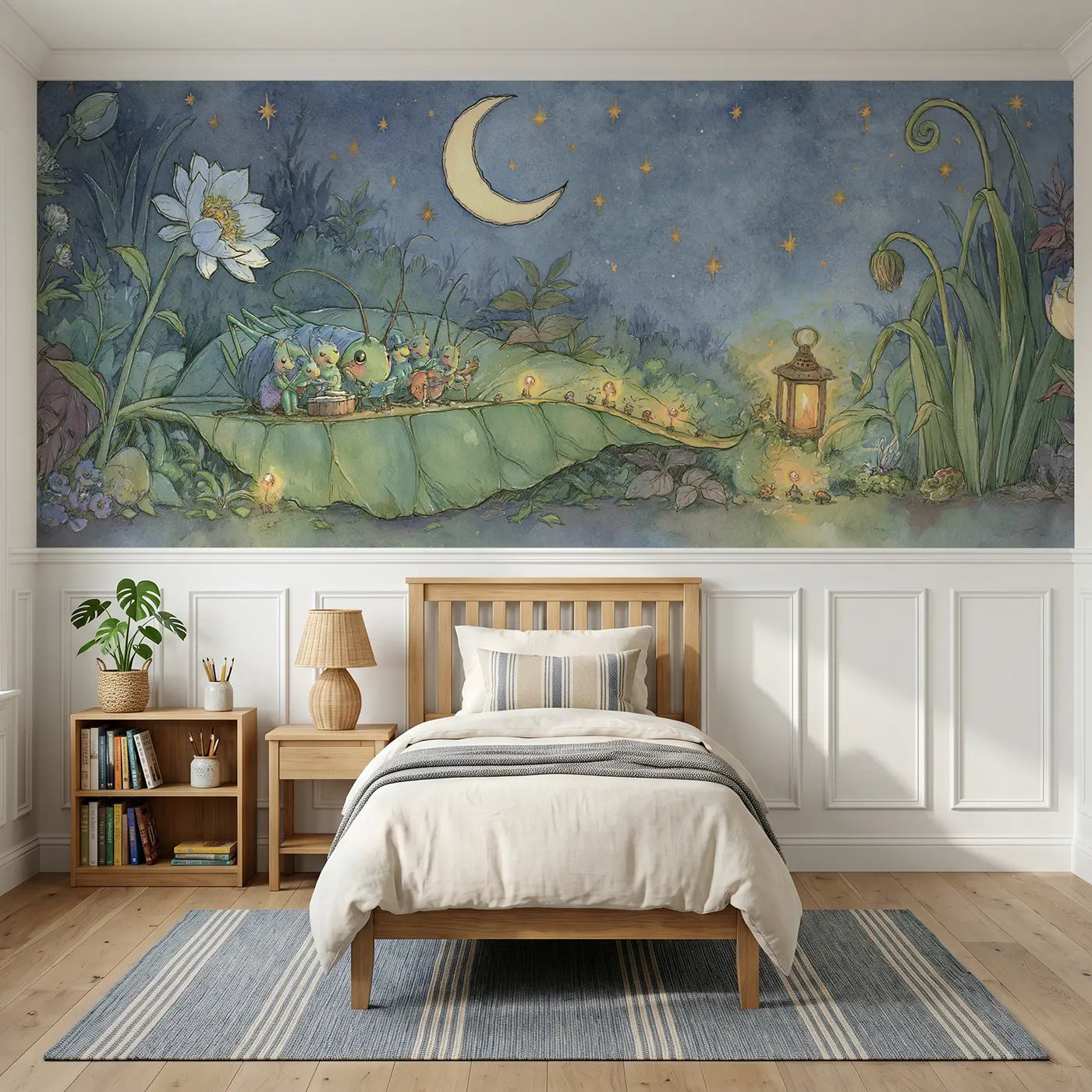 Storybook cricket orchestra night garden wainscoting wallpaper for bedroom by Whimsy Tots.