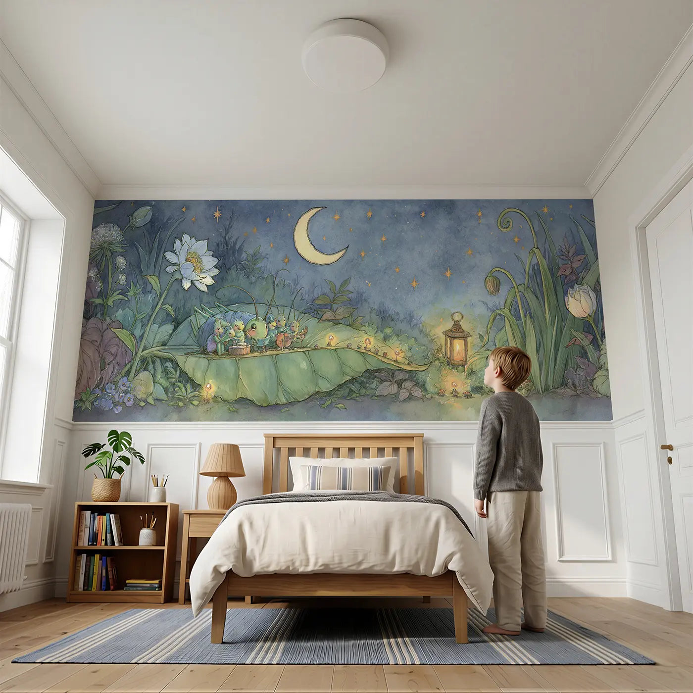 Child reading near Cricket Orchestra Night Garden Wainscoting Wallpaper by Whimsy Tots