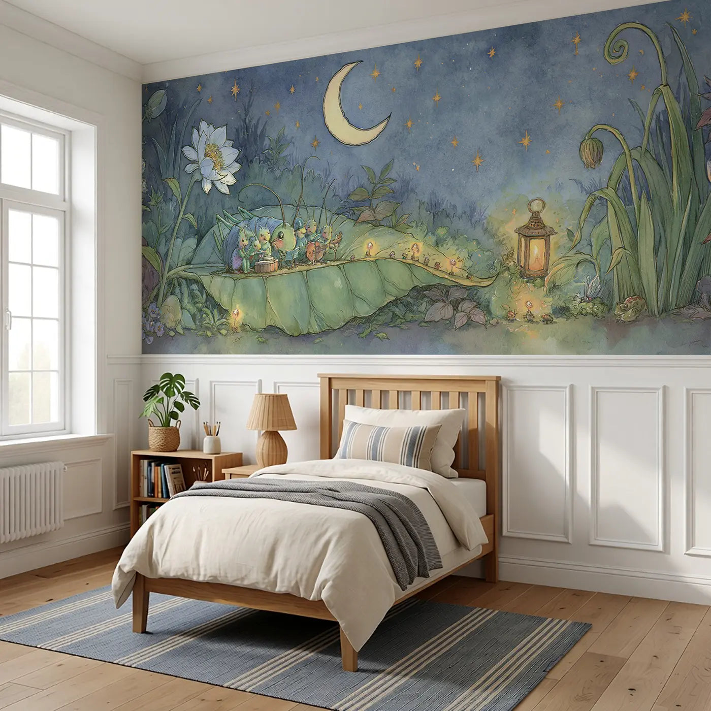 Cricket Orchestra Night Garden Wainscoting Wallpaper styled in a kids bedroom by Whimsy Tots