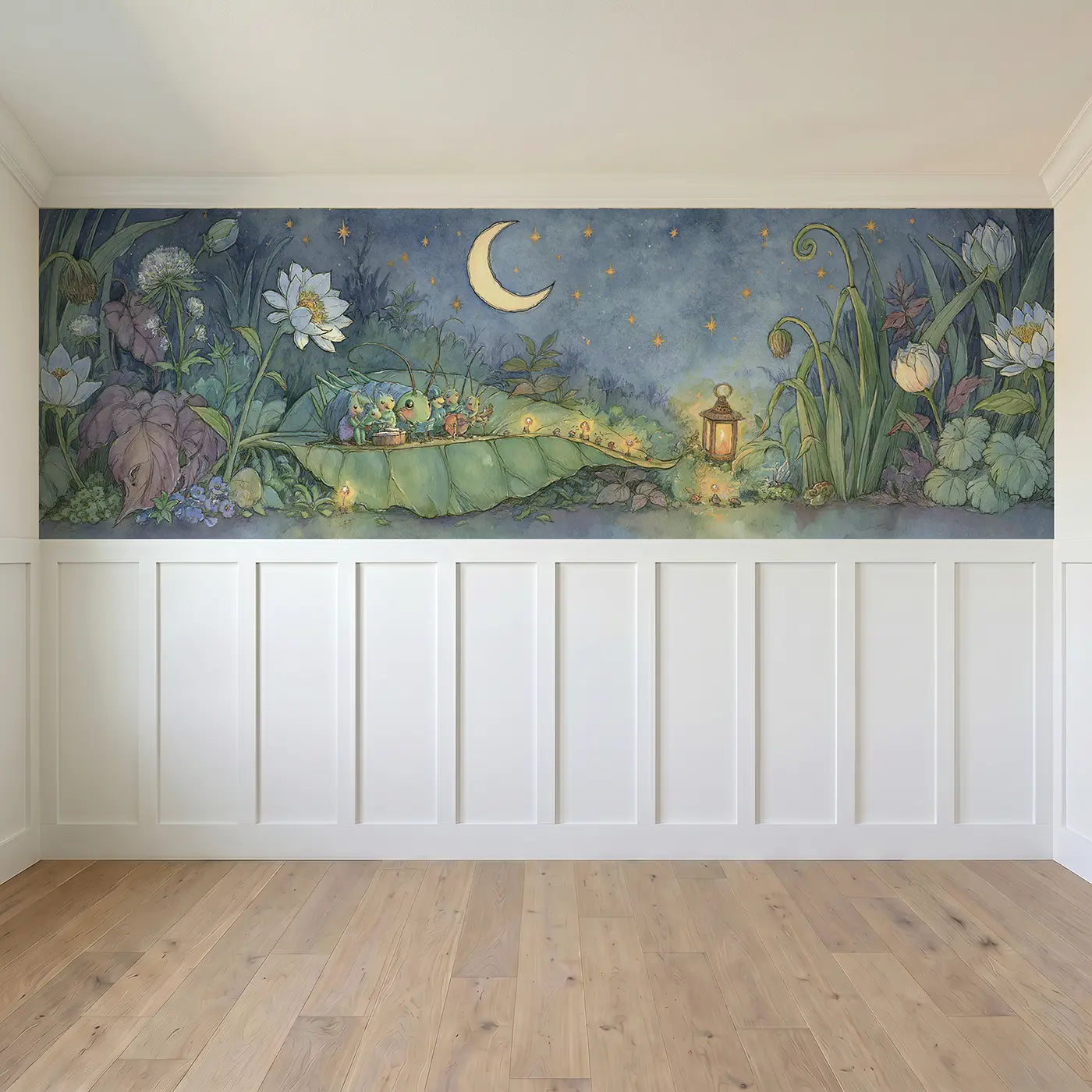 Full panel view of Cricket Orchestra Night Garden Wainscoting Wallpaper by Whimsy Tots