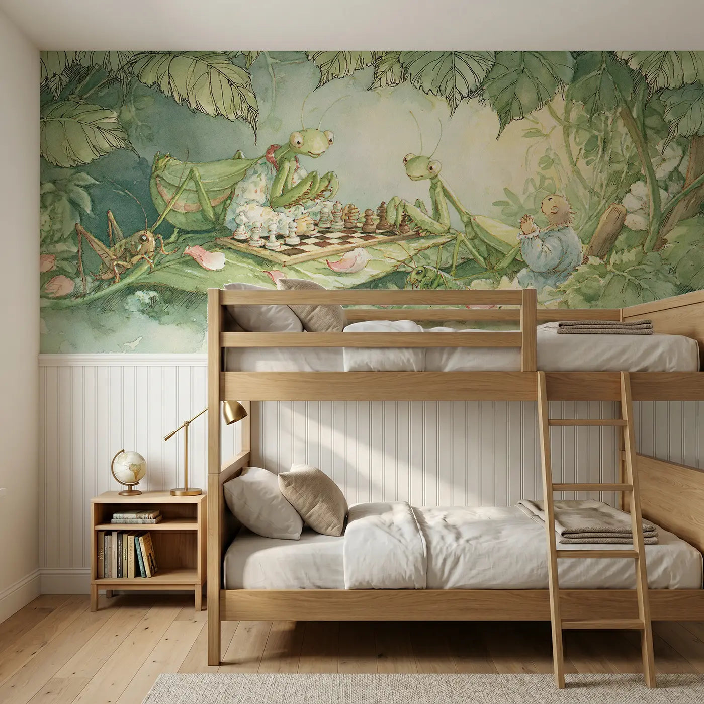 Storybook praying mantis chess game wainscoting wallpaper for bedroom by Whimsy Tots.