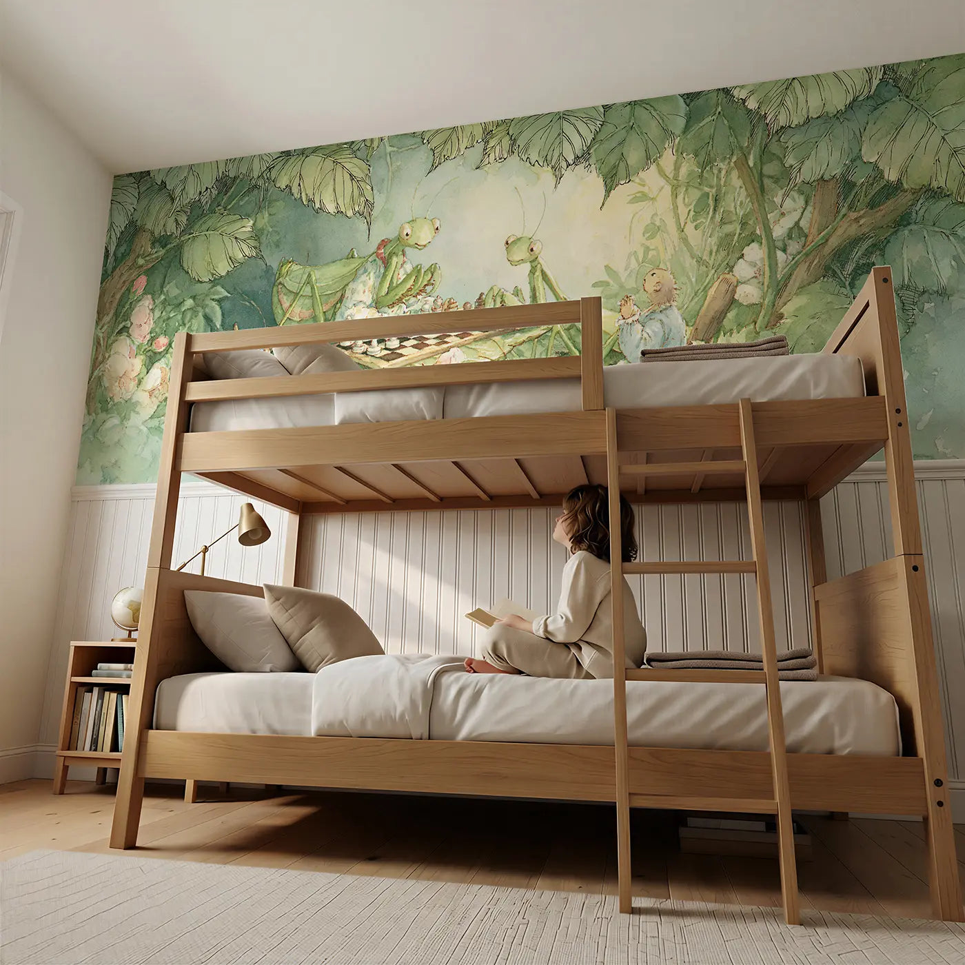 Child reading near Praying Mantis Chess Game Wainscoting Wallpaper by Whimsy Tots