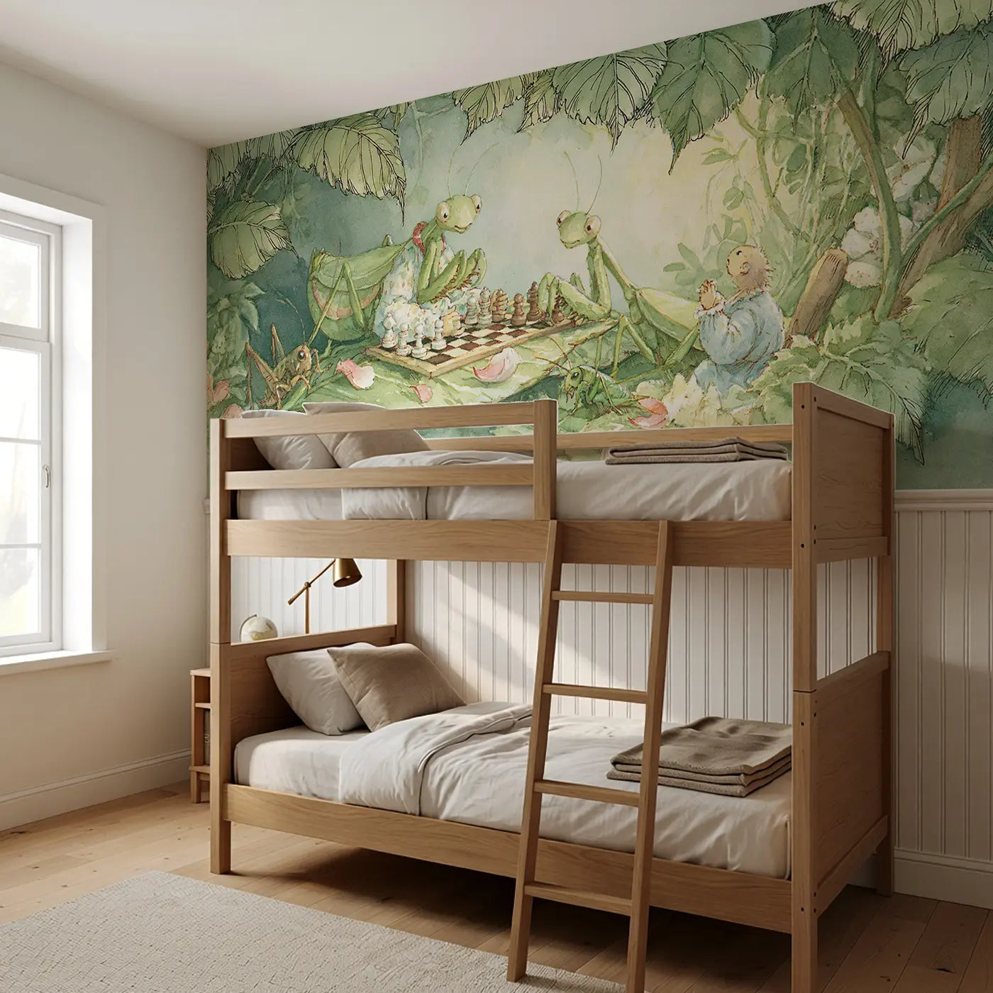 Praying Mantis Chess Game Wainscoting Wallpaper styled in a kids bedroom by Whimsy Tots