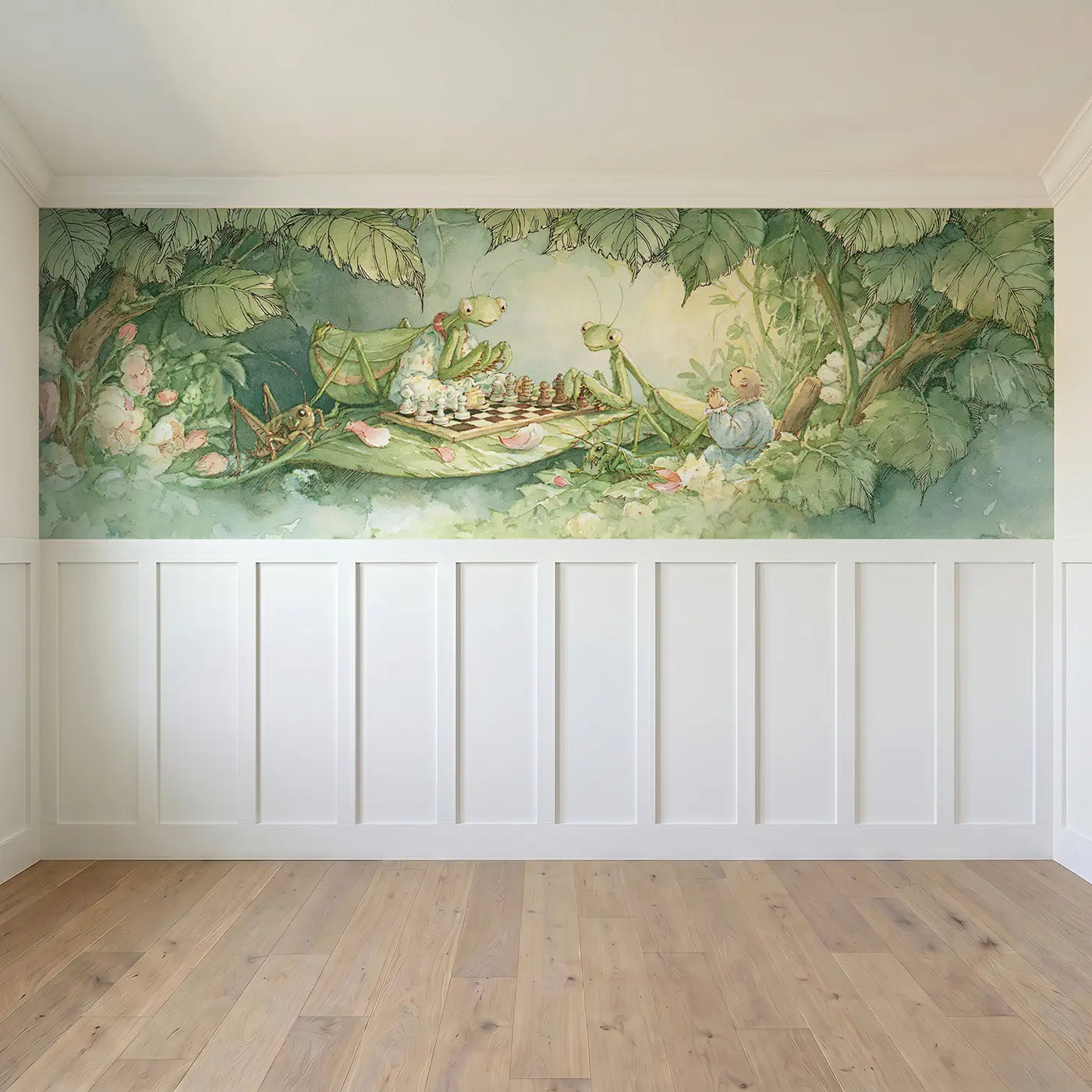 Full panel view of Praying Mantis Chess Game Wainscoting Wallpaper by Whimsy Tots