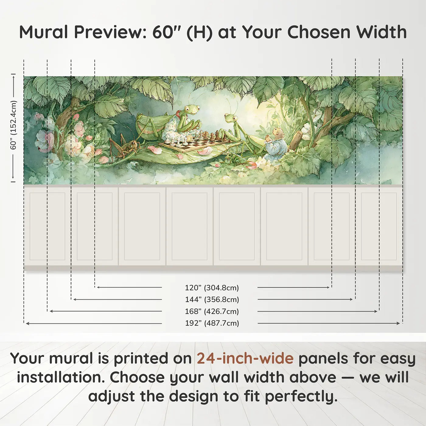 Panel dimensions for Praying Mantis Chess Game Wainscoting Wallpaper by Whimsy Tots