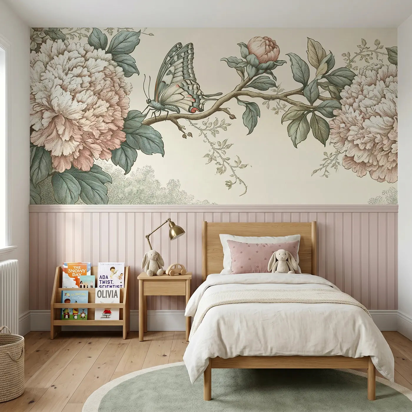 Botanical Elegance swallowtail butterfly peony wainscoting wallpaper for bedroom by Whimsy Tots.