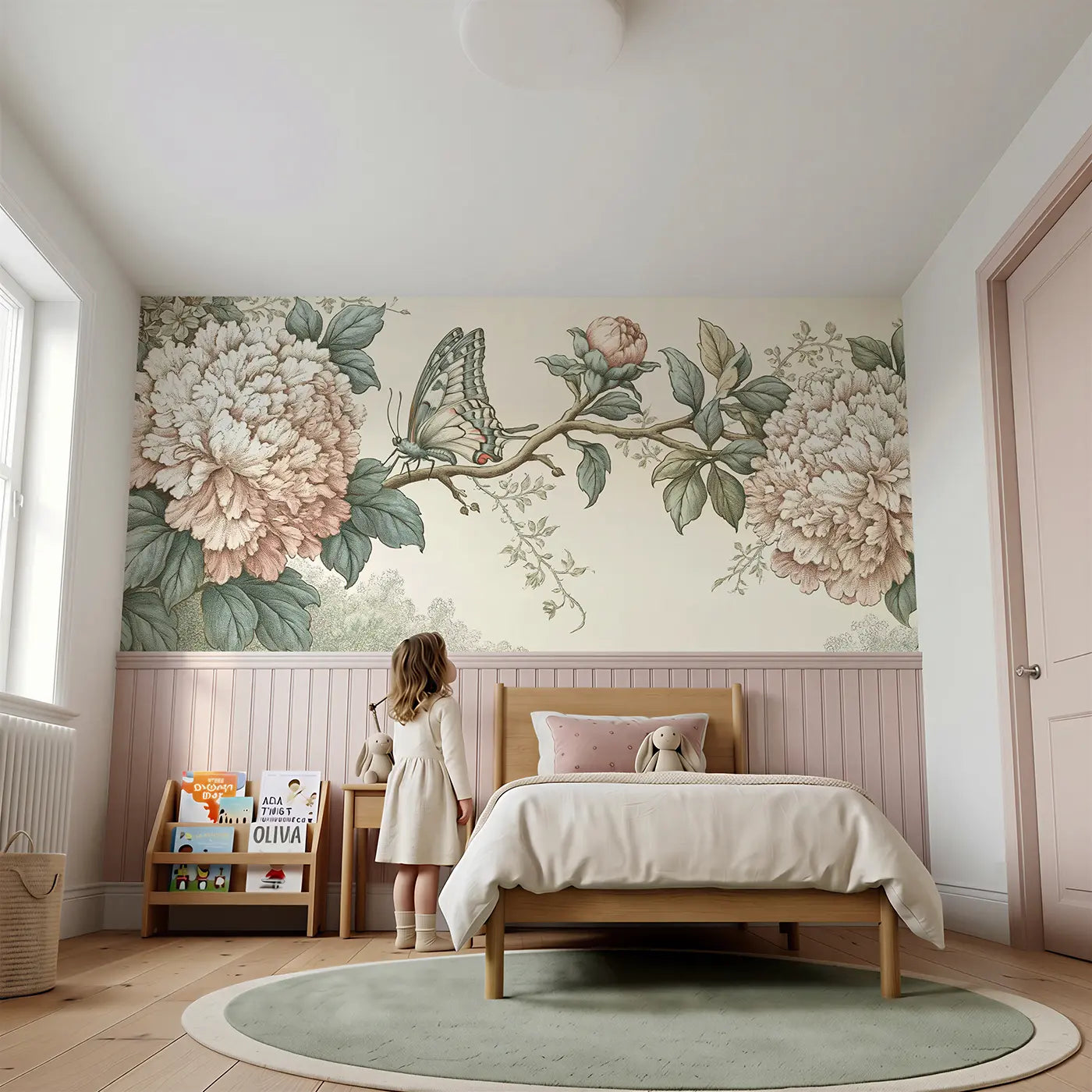 Child reading near Swallowtail Butterfly Peony Wainscoting Wallpaper by Whimsy Tots