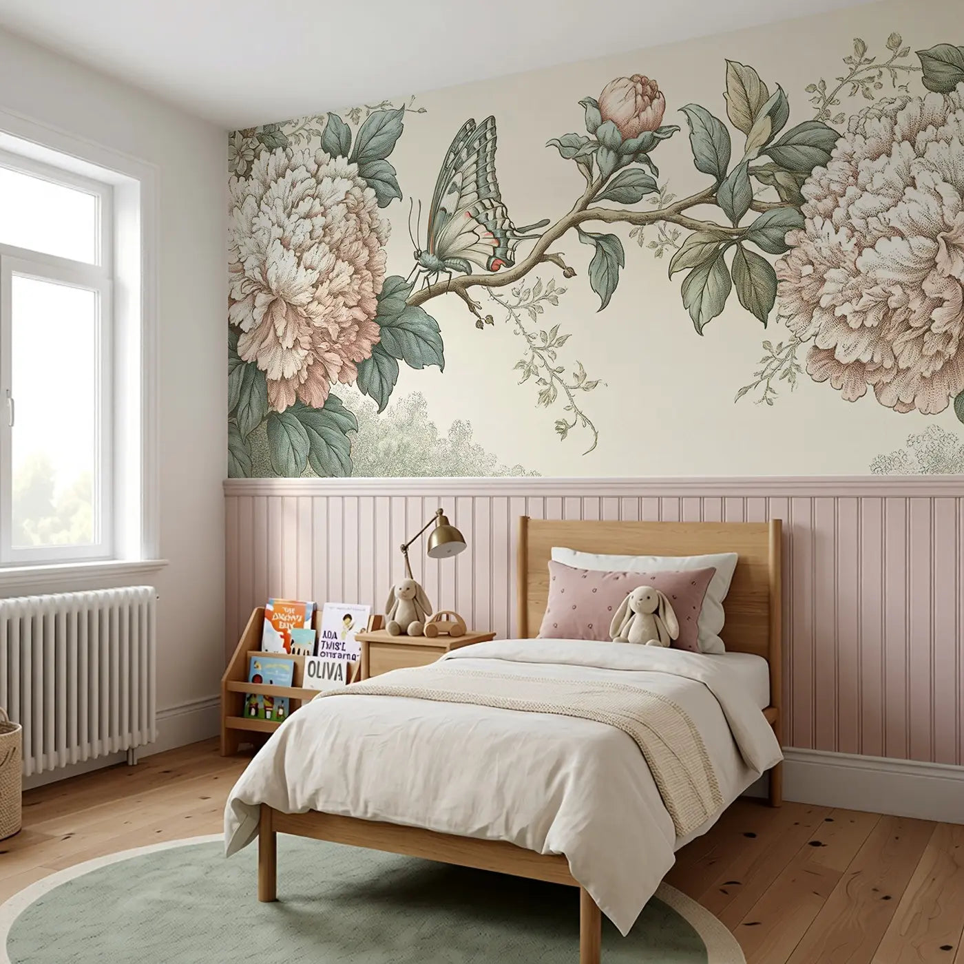 Swallowtail Butterfly Peony Wainscoting Wallpaper styled in a kids bedroom by Whimsy Tots