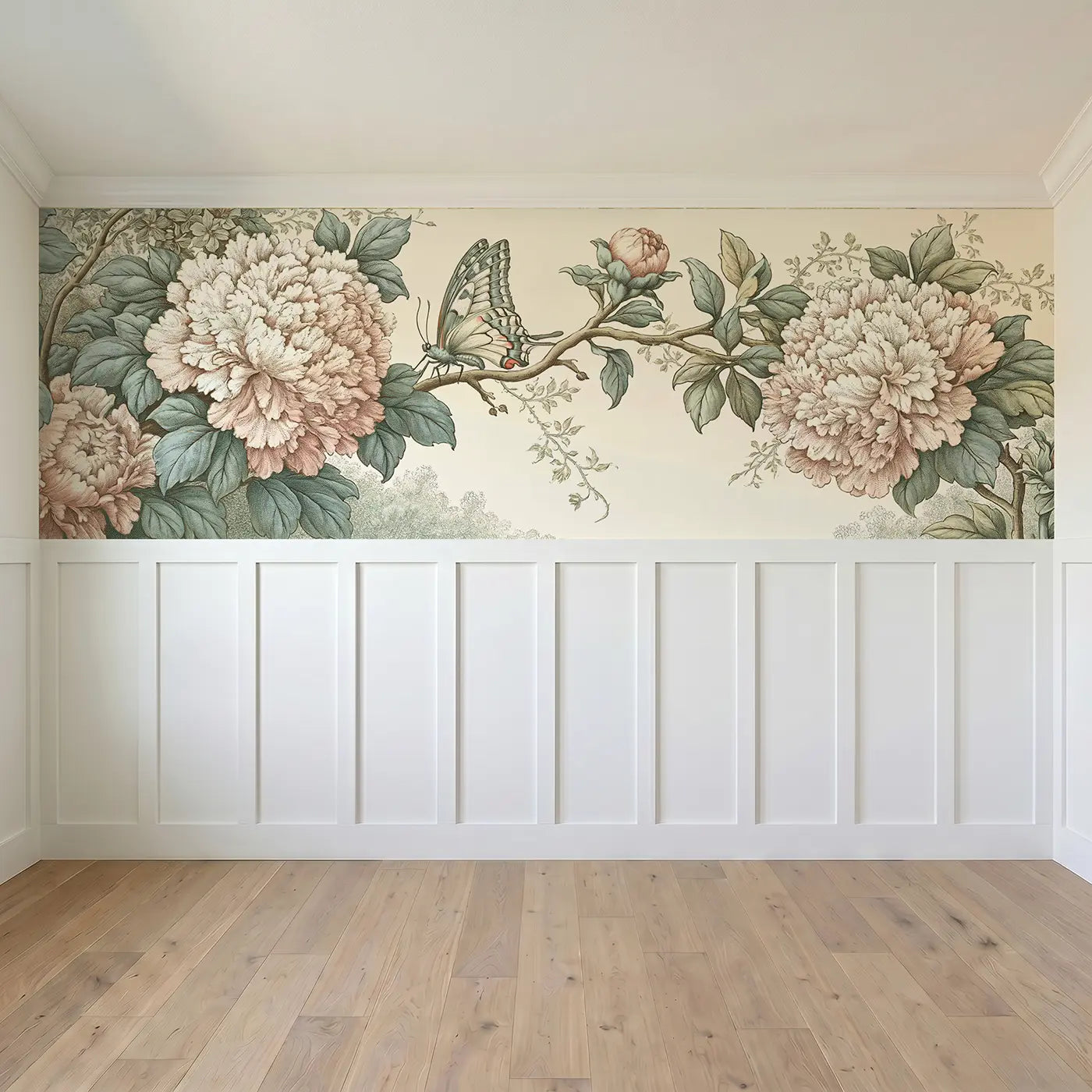 Full panel view of Swallowtail Butterfly Peony Wainscoting Wallpaper by Whimsy Tots