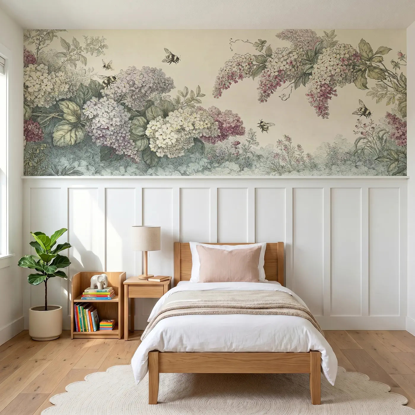 Botanical Elegance bumble bee flower cluster wainscoting wallpaper for bedroom by Whimsy Tots.