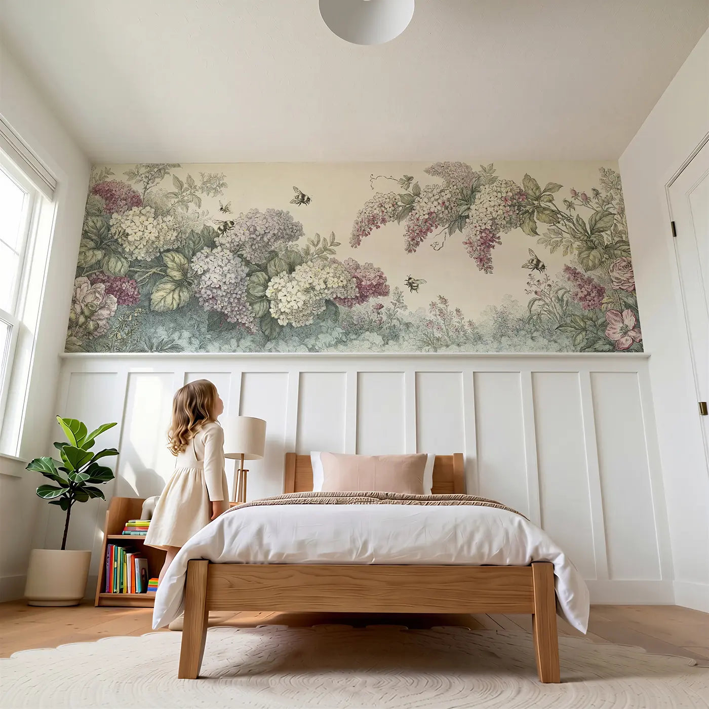 Child reading near Bumble Bee Flower Cluster Wainscoting Wallpaper by Whimsy Tots