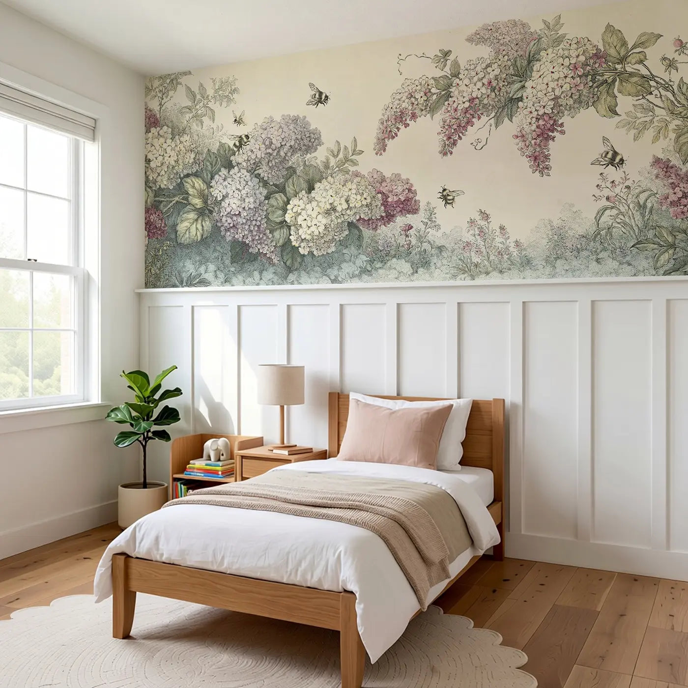 Bumble Bee Flower Cluster Wainscoting Wallpaper styled in a kids bedroom by Whimsy Tots
