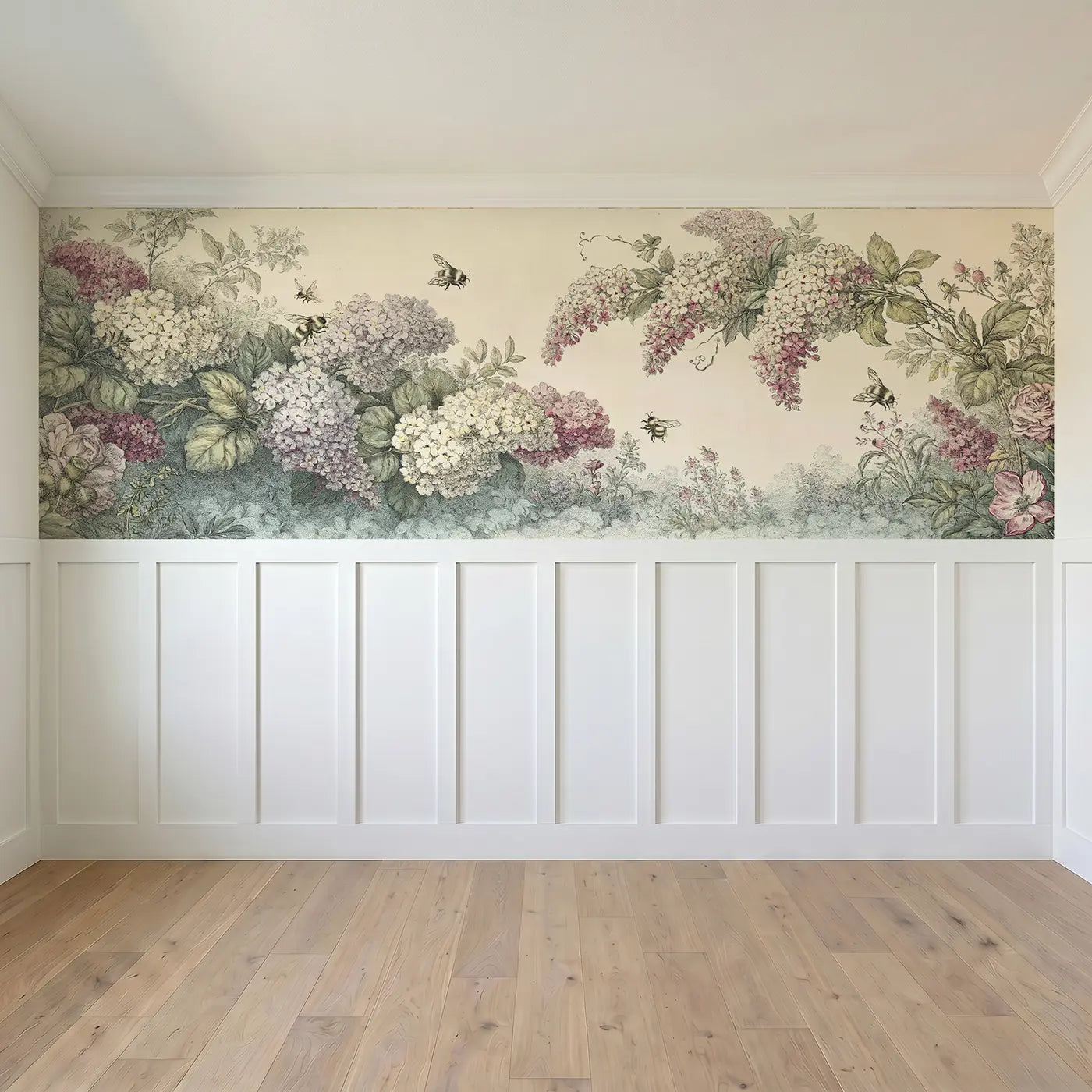 Full panel view of Bumble Bee Flower Cluster Wainscoting Wallpaper by Whimsy Tots
