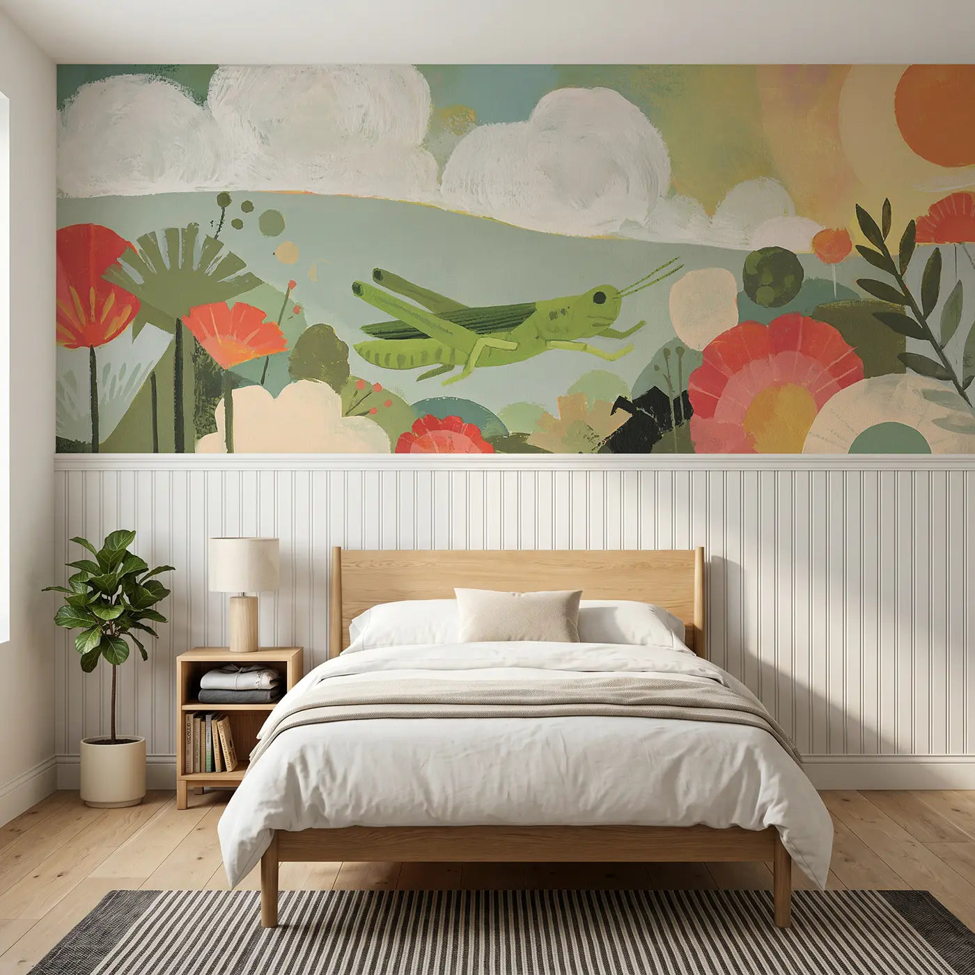 Modern Illustration grasshopper meadow wainscoting wallpaper for bedroom by Whimsy Tots.