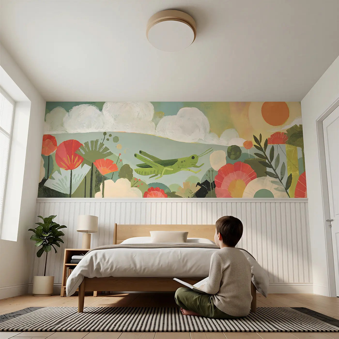 Child reading near Flat Grasshopper Meadow Wainscoting Wallpaper by Whimsy Tots