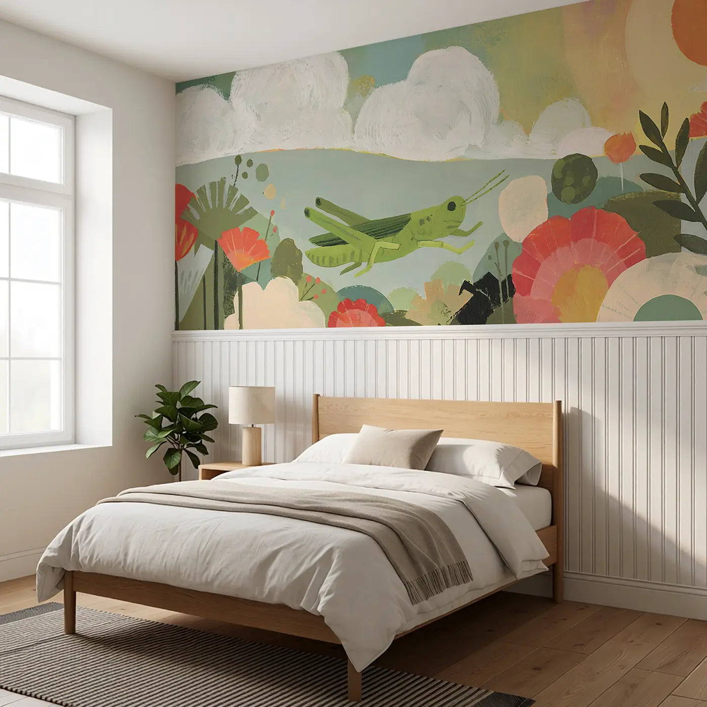 Flat Grasshopper Meadow Wainscoting Wallpaper styled in a kids bedroom by Whimsy Tots