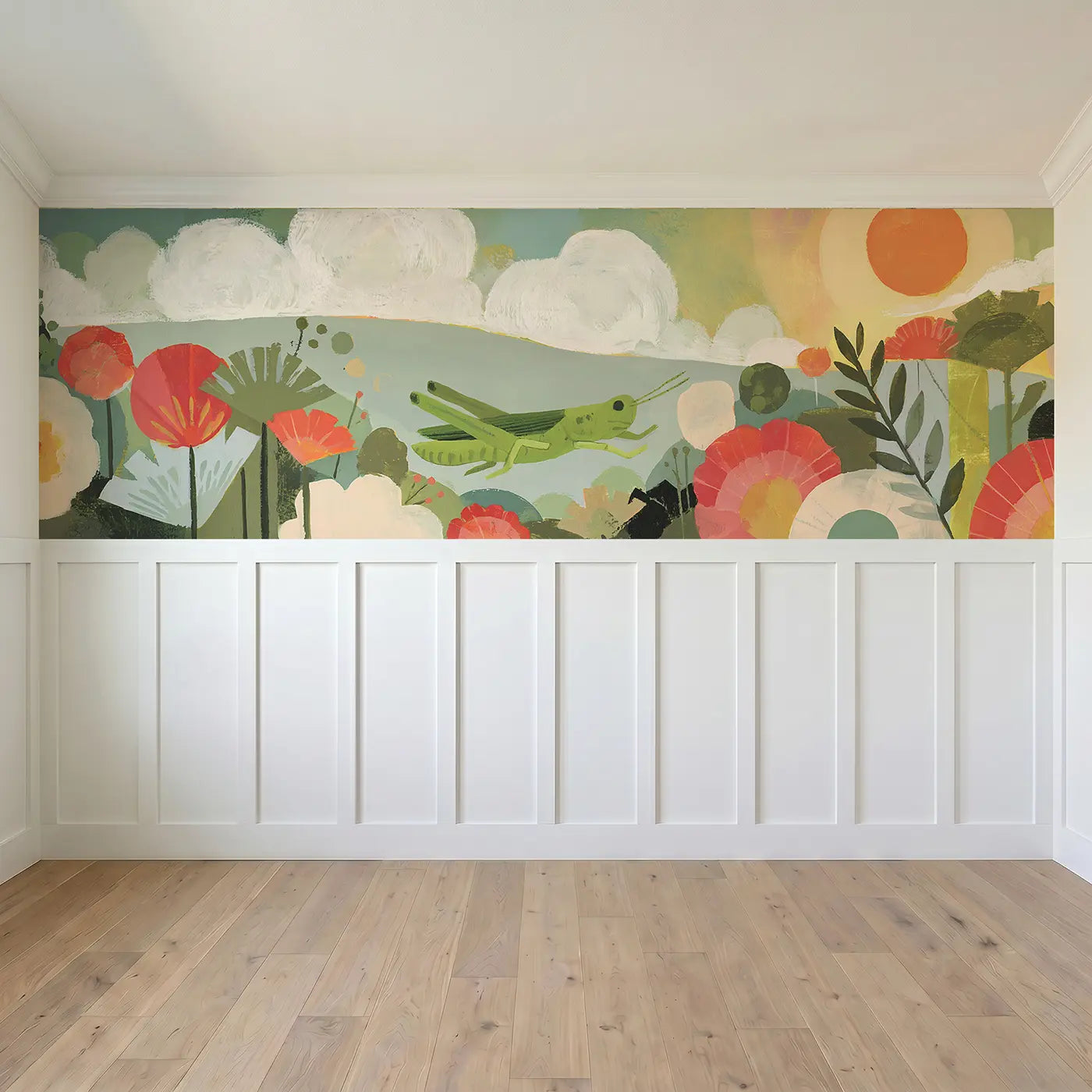 Full panel view of Flat Grasshopper Meadow Wainscoting Wallpaper by Whimsy Tots