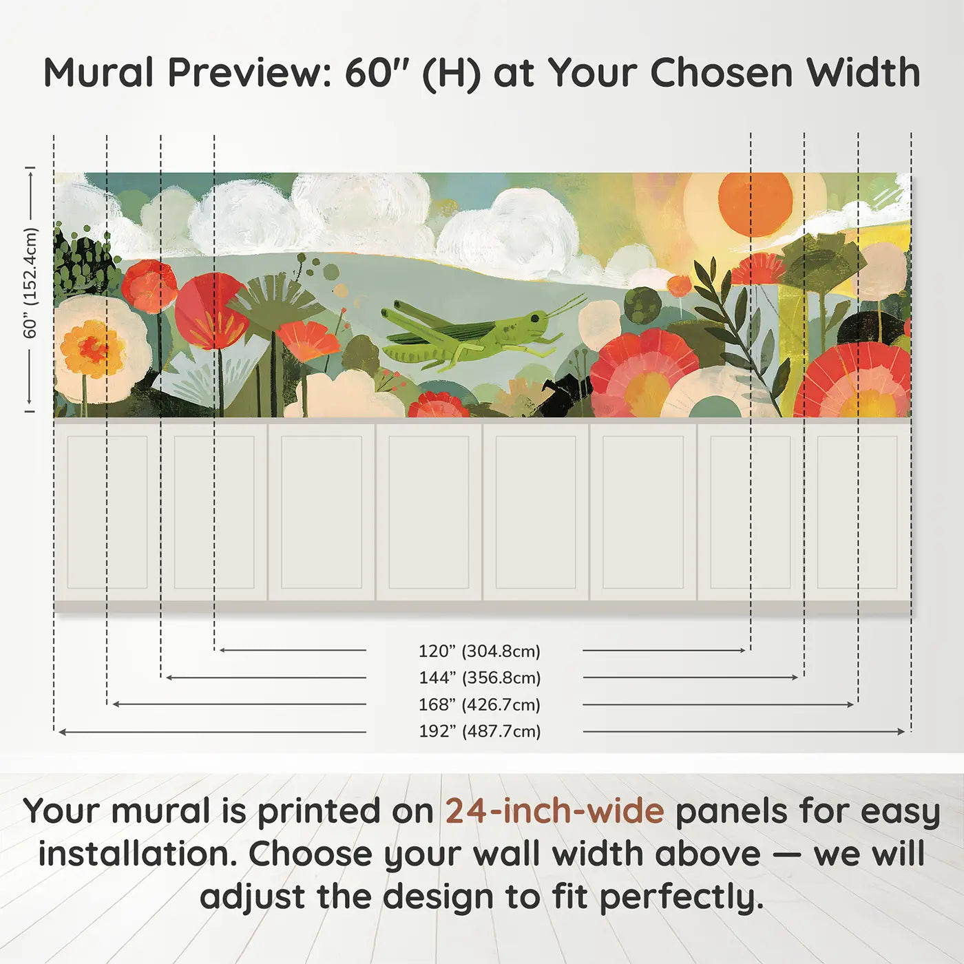 Panel dimensions for Flat Grasshopper Meadow Wainscoting Wallpaper by Whimsy Tots