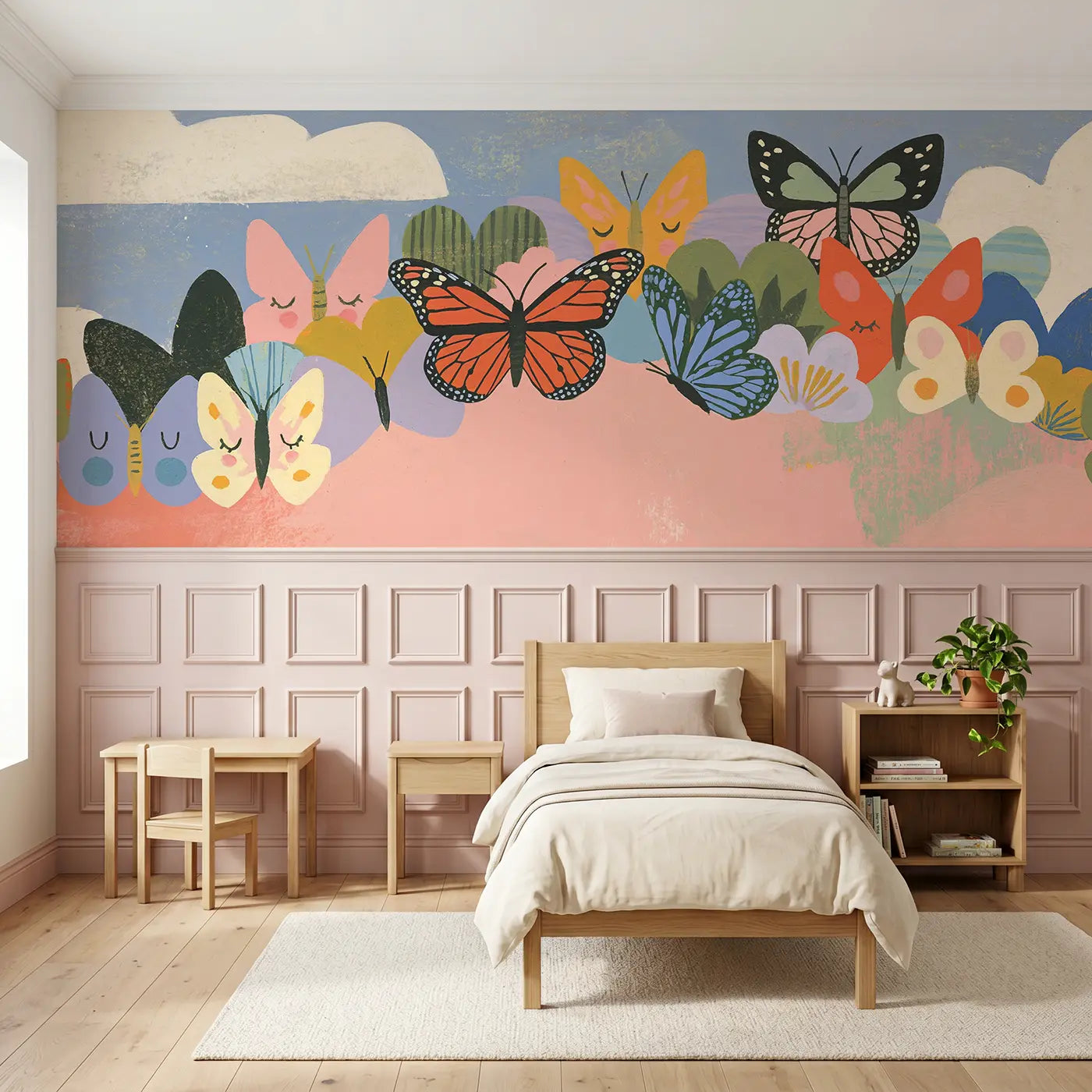 Modern Illustration butterfly kaleidoscope wainscoting wallpaper for bedroom by Whimsy Tots.