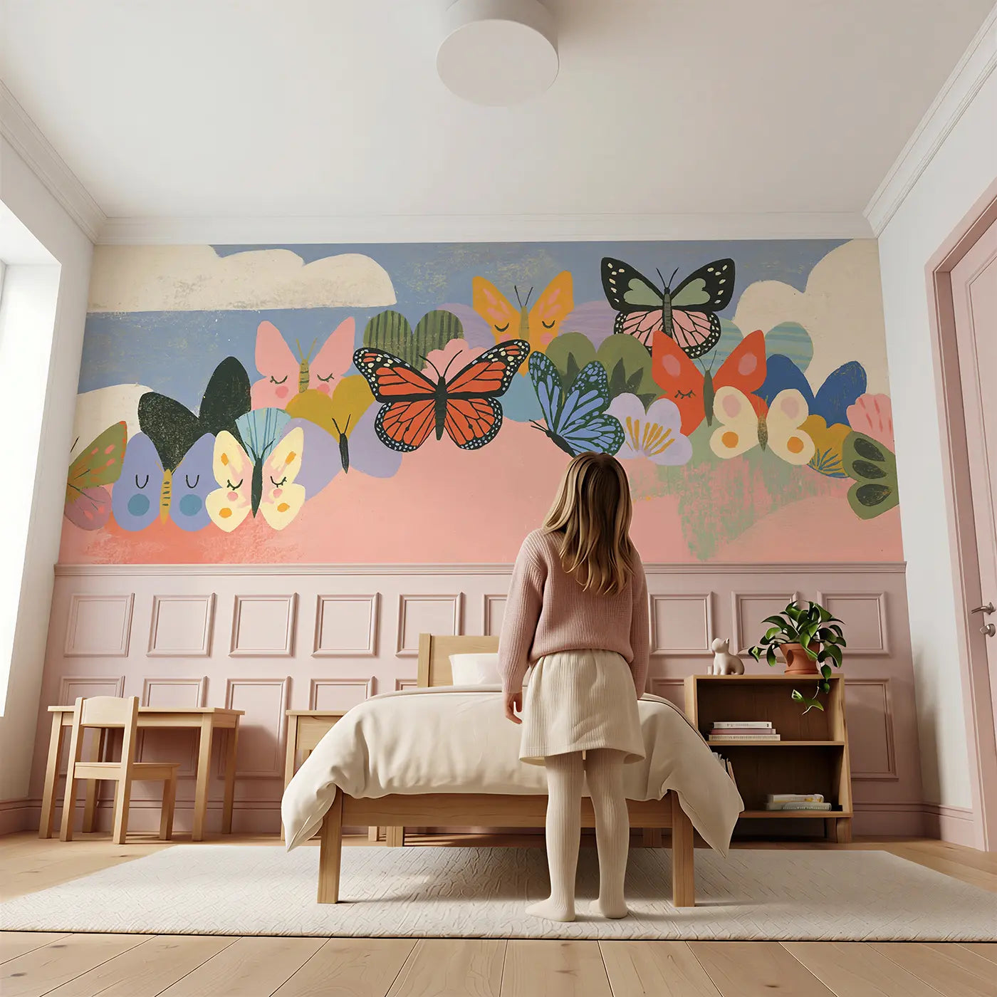 Child reading near Graphic Butterfly Kaleidoscope Wainscoting Wallpaper by Whimsy Tots