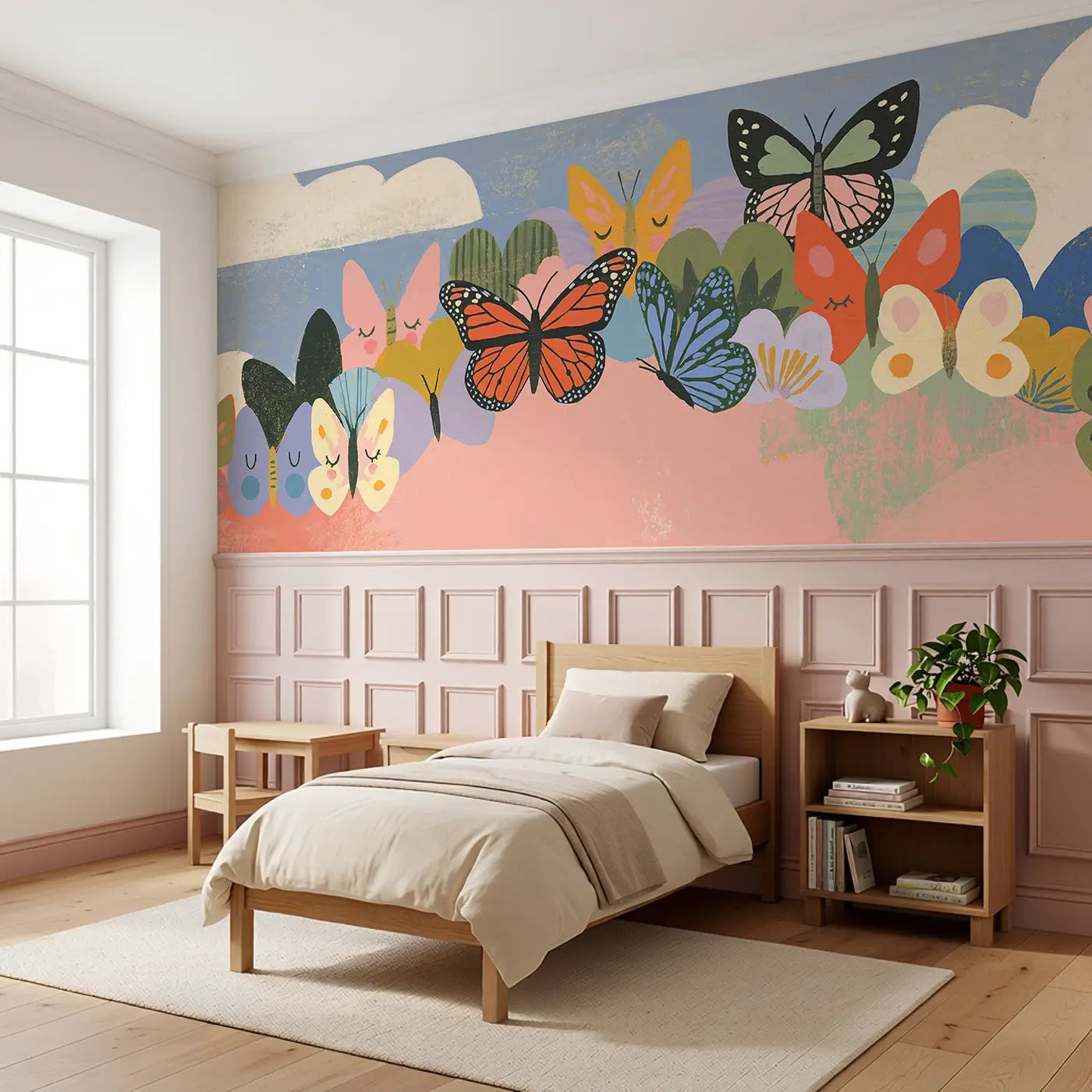 Graphic Butterfly Kaleidoscope Wainscoting Wallpaper styled in a kids bedroom by Whimsy Tots