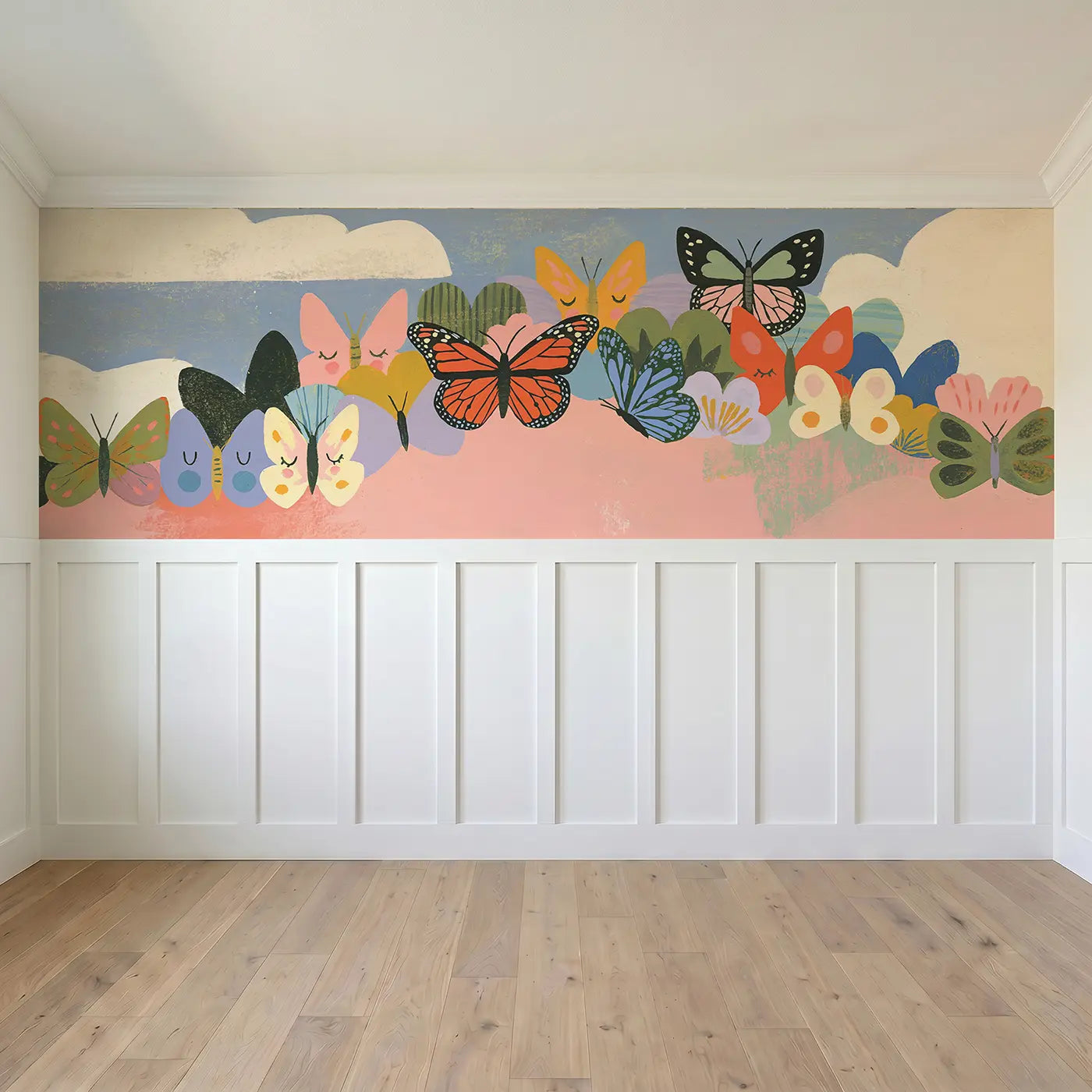 Full panel view of Graphic Butterfly Kaleidoscope Wainscoting Wallpaper by Whimsy Tots